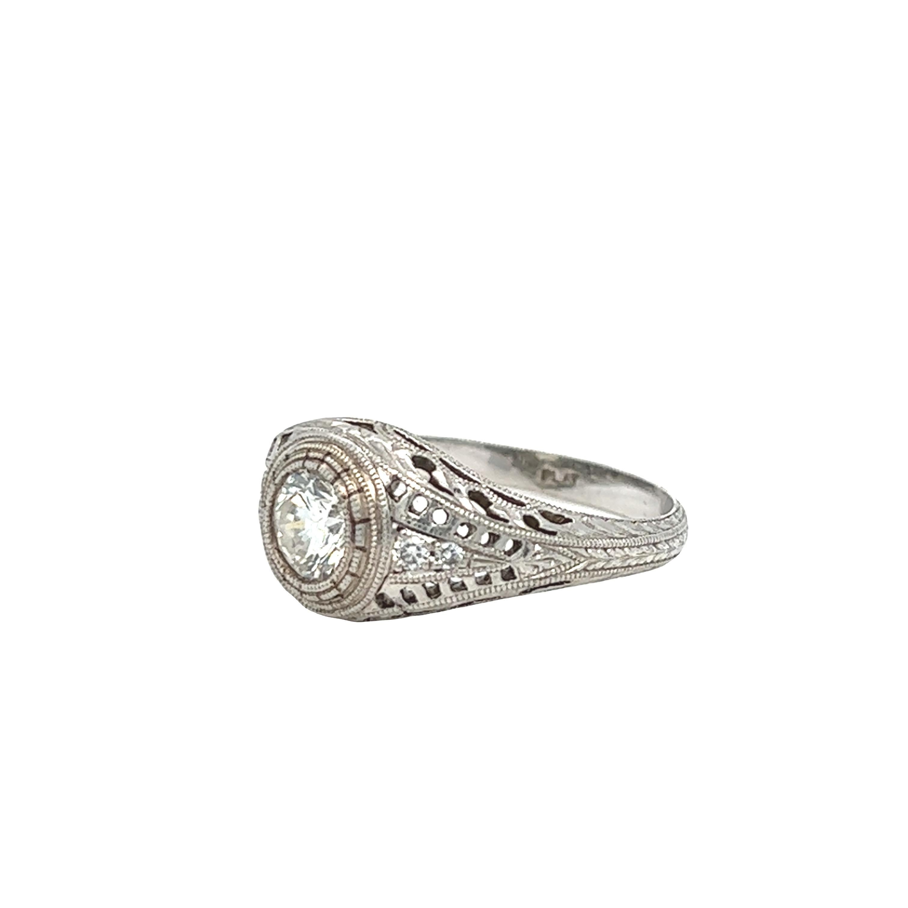 Round Cut Vintage Art Deco Inspired Diamond Platinum Engagement Ring For Sale