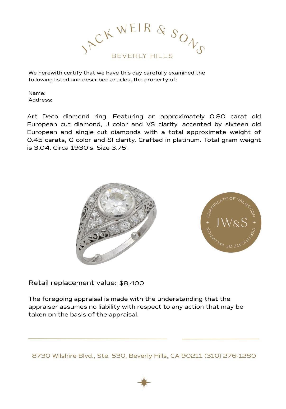 Anillo de compromiso Art Déco de platino y diamantes Corte europeo antiguo en venta