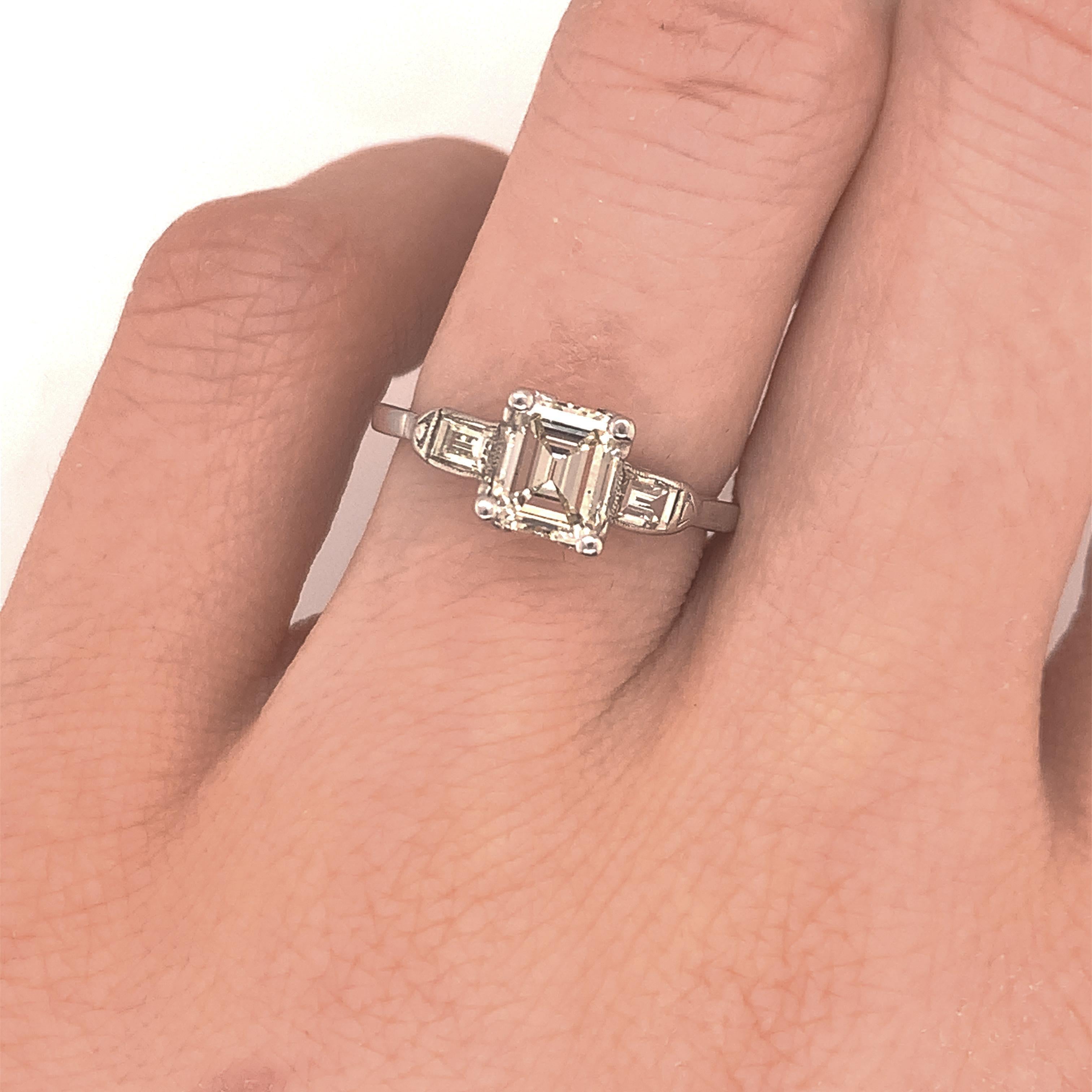 Emerald Cut Art Deco Diamond Platinum Engagement Ring For Sale
