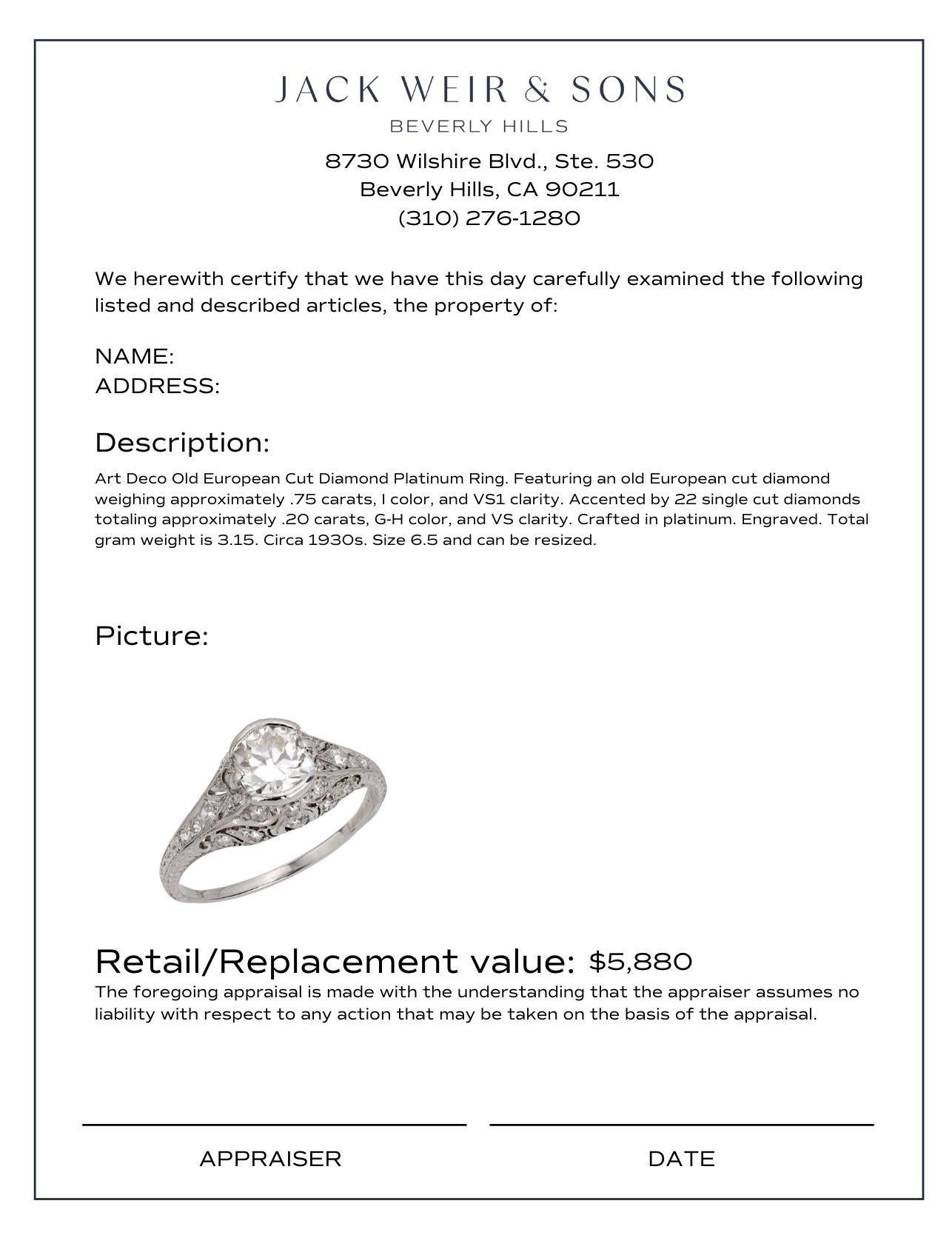 Art Deco diamond platinum engagement ring In Good Condition In Beverly Hills, CA