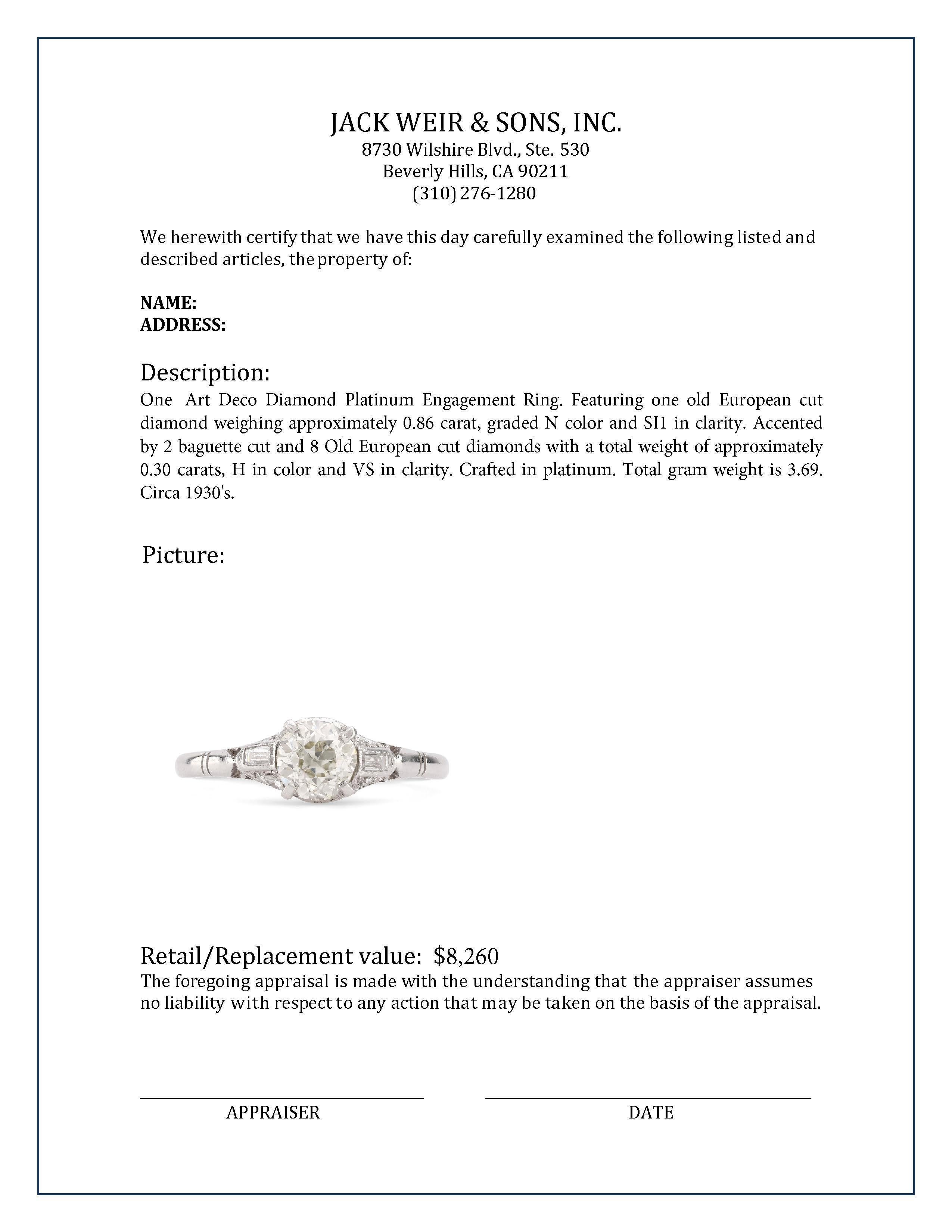 Bague de fiançailles Art déco en platine et diamants Unisexe en vente