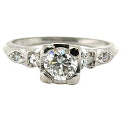 Bague de fiançailles Art Déco diamant en platine miné .80 carat Original 1940s .80ct