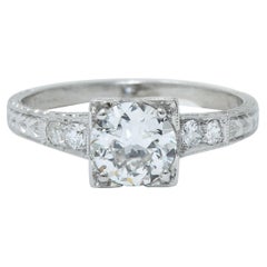 Art Deco Diamond Platinum Engraved Foliate Engagement Ring GIA