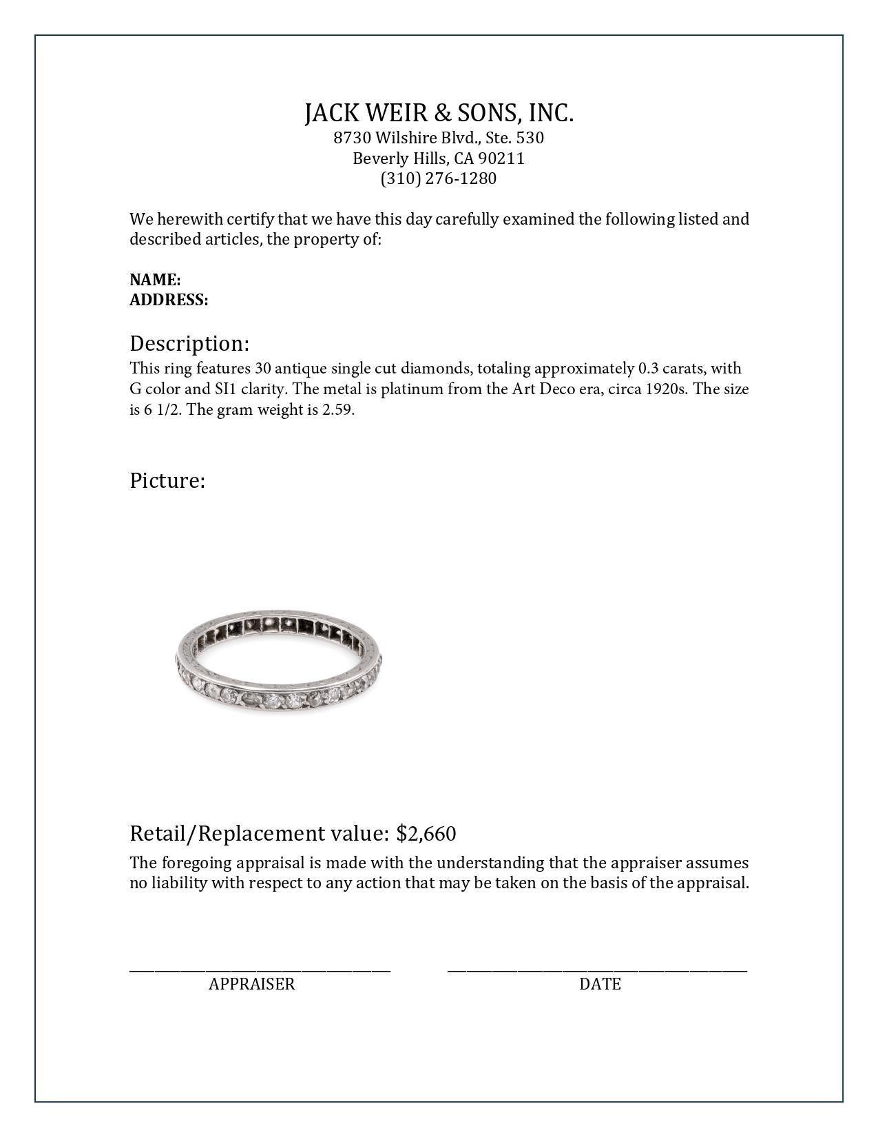 Art Deco Diamant Platin Eternity Band (Einfacher Schliff)