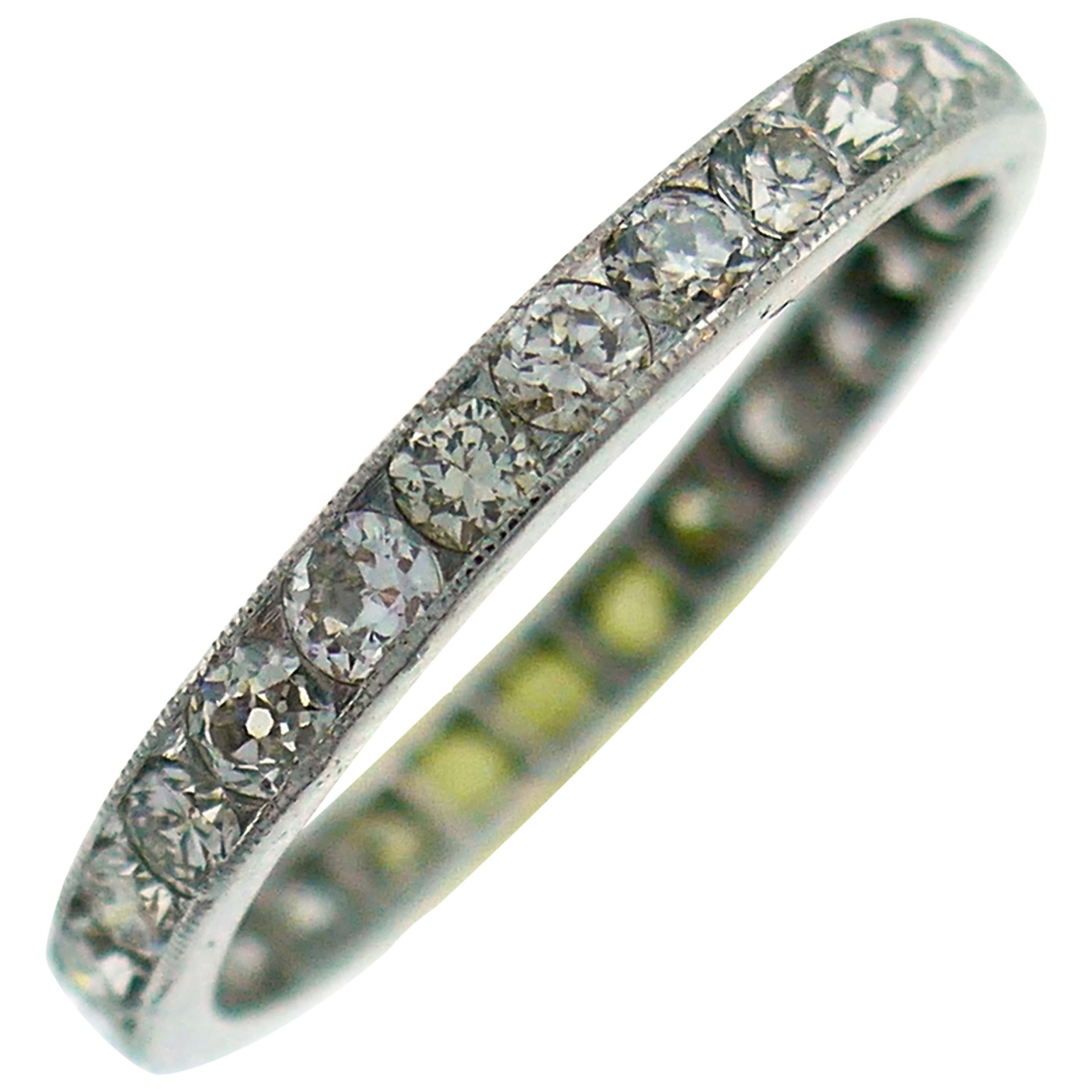 Art Deco Diamond Platinum Eternity Band Ring Old European Cut Wedding Size 7.5 For Sale