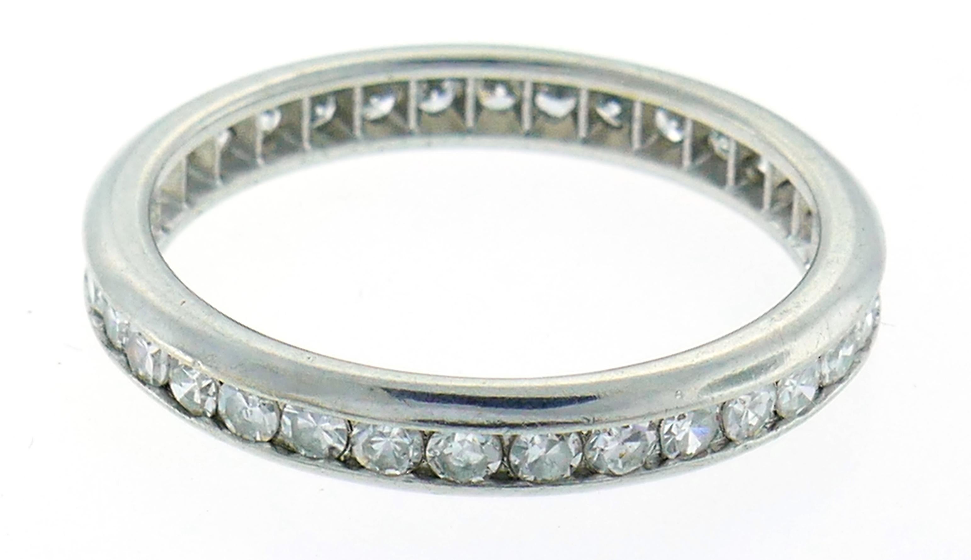 Art Deco Diamond Platinum Eternity Band Ring Single Cut Wedding Size 6.75 In Good Condition In Beverly Hills, CA