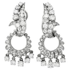 Art Deco Diamond Platinum Feather Floral Chandelier Clip on Earrings