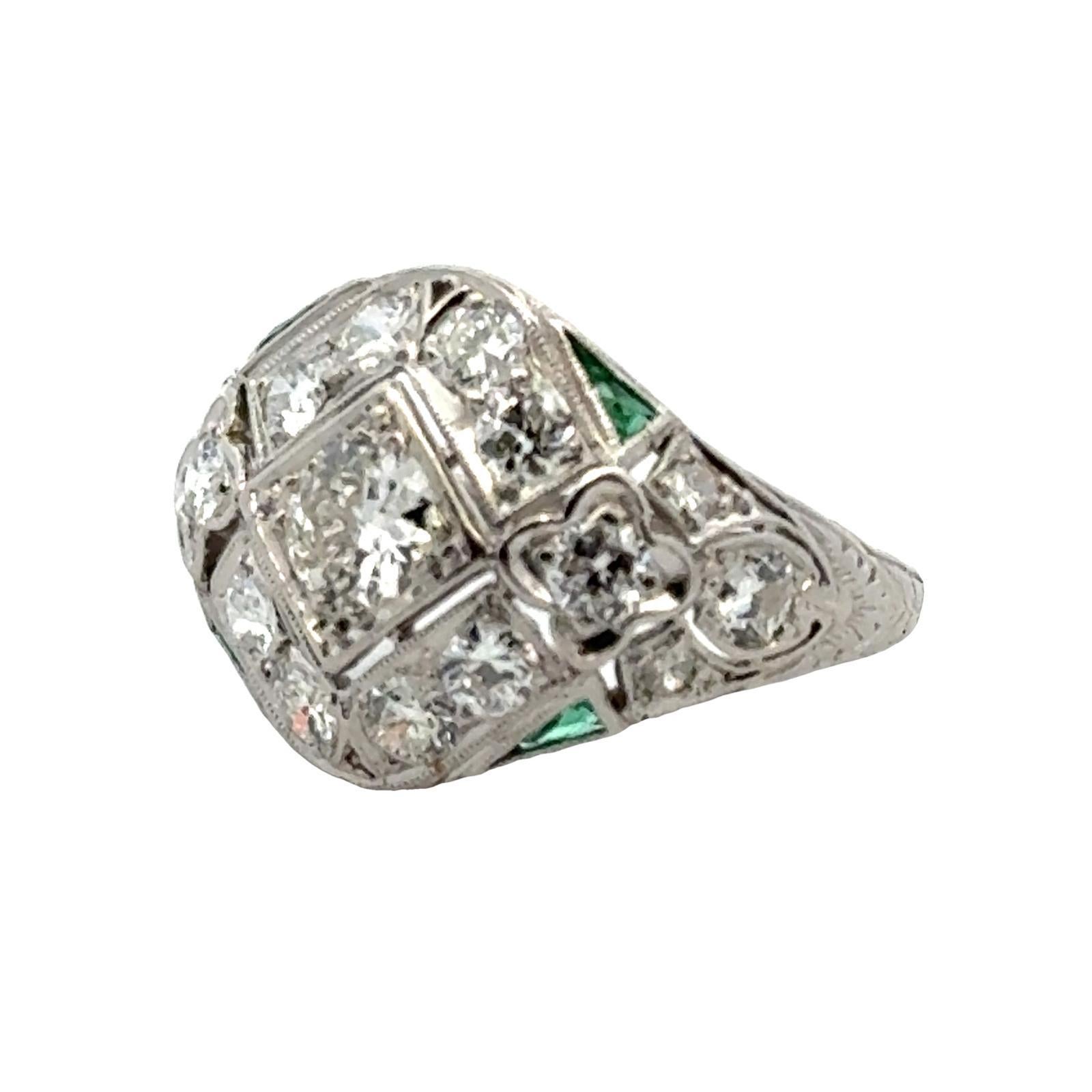Old European Cut Art Deco Diamond Platinum Filigree Antique Cocktail Ring Emerald Accents For Sale