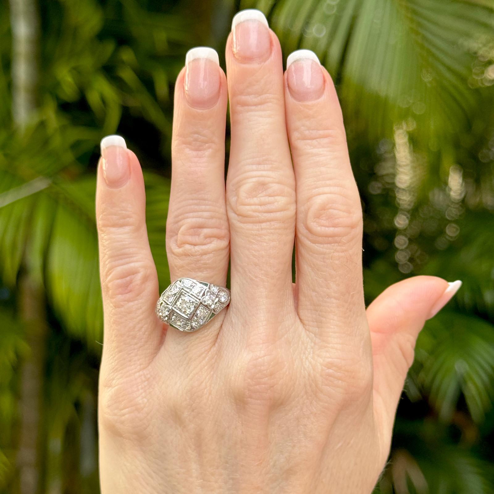 Art Deco Diamond Platinum Filigree Antique Cocktail Ring Emerald Accents In Excellent Condition For Sale In Boca Raton, FL