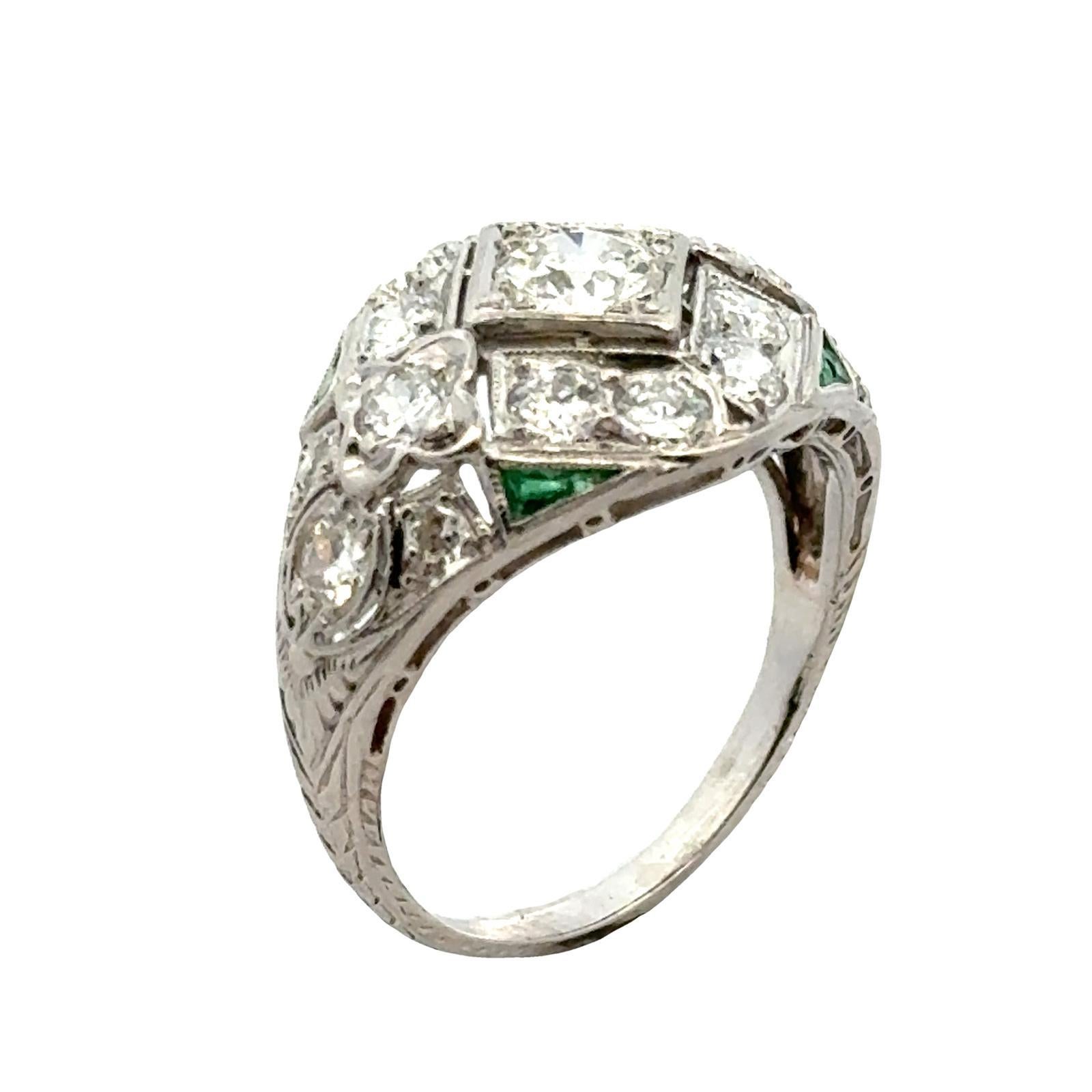 Art Deco Diamond Platinum Filigree Antique Cocktail Ring Emerald Accents For Sale 2