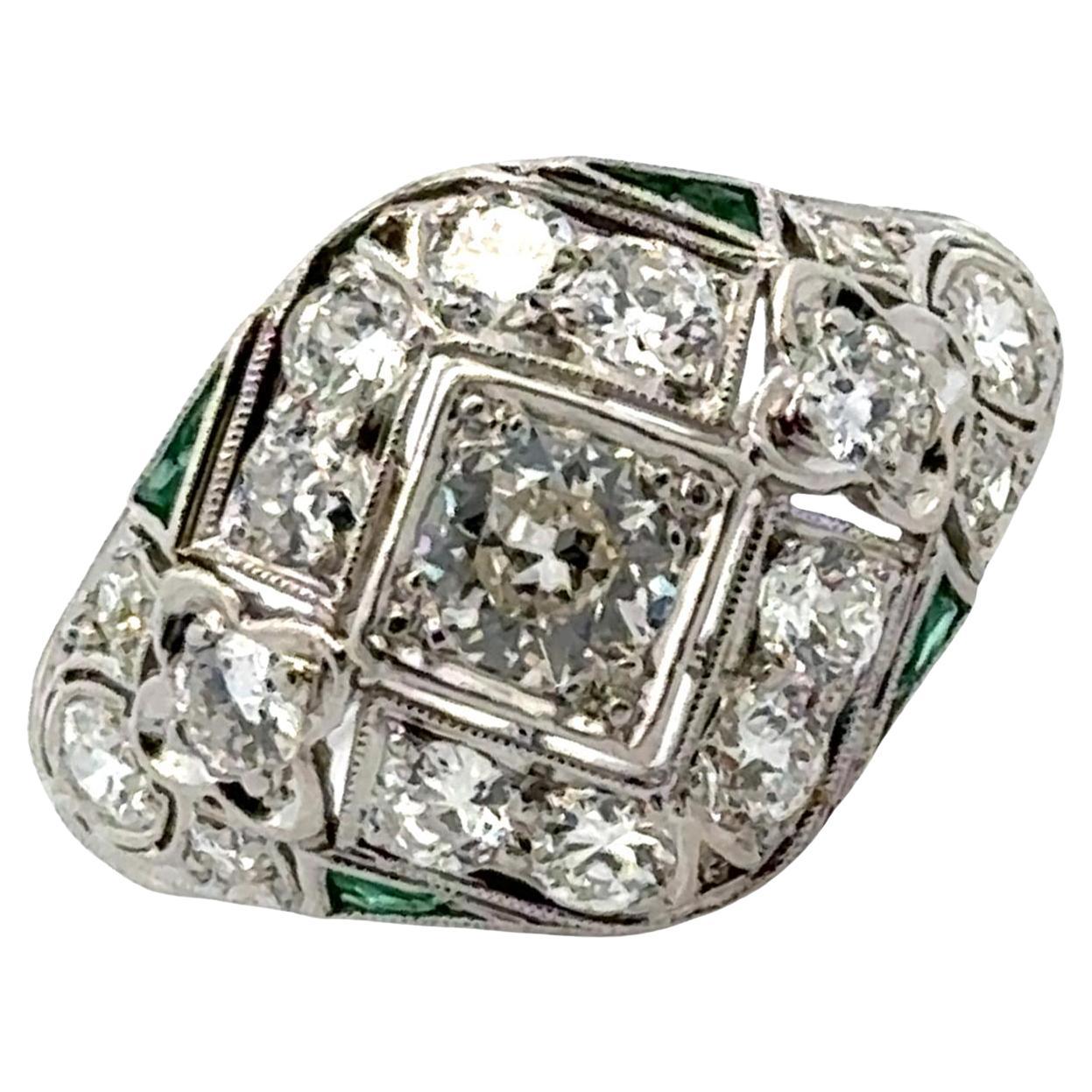 Art Deco Diamond Platinum Filigree Antique Cocktail Ring Emerald Accents For Sale