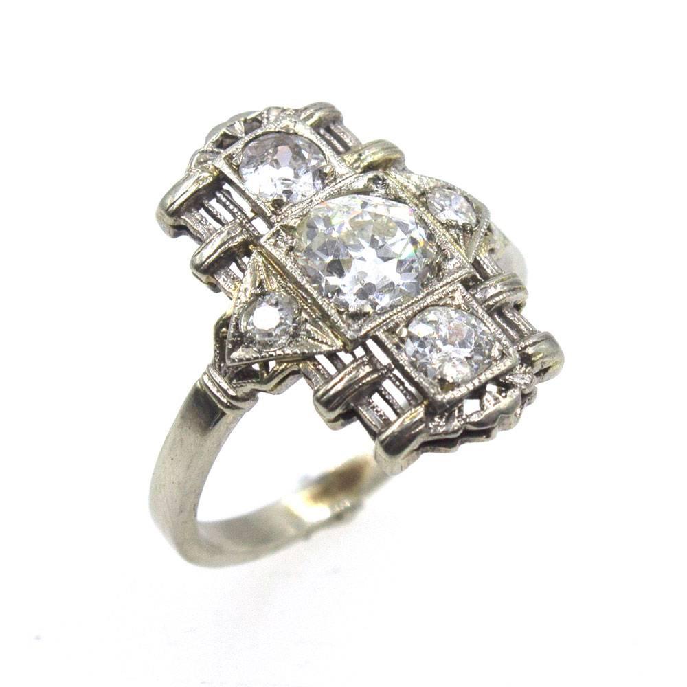 Women's Art Deco Diamond Platinum Filigree Cocktail Ring GIA Certified