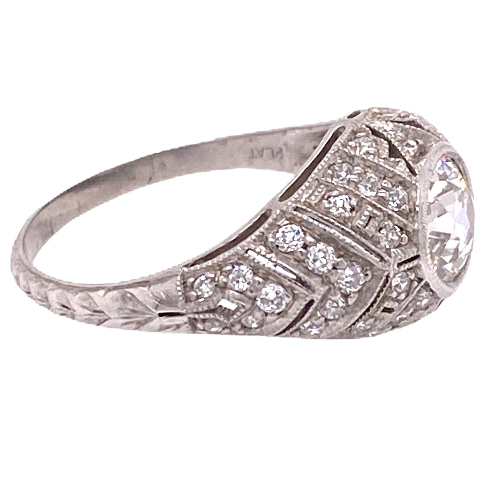 Art Deco Old European Cut Diamond Platinum Filigree Engagement Ring In Excellent Condition For Sale In Boca Raton, FL