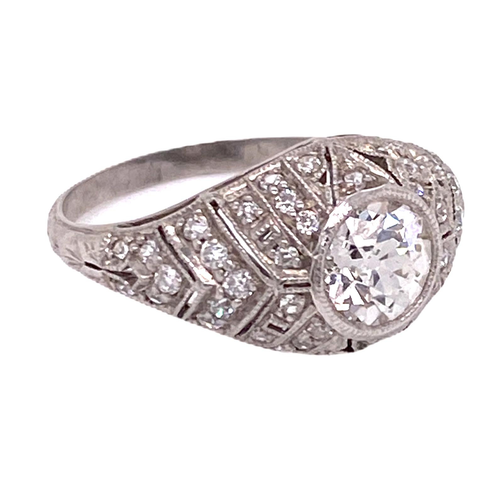 Women's Art Deco Old European Cut Diamond Platinum Filigree Engagement Ring For Sale