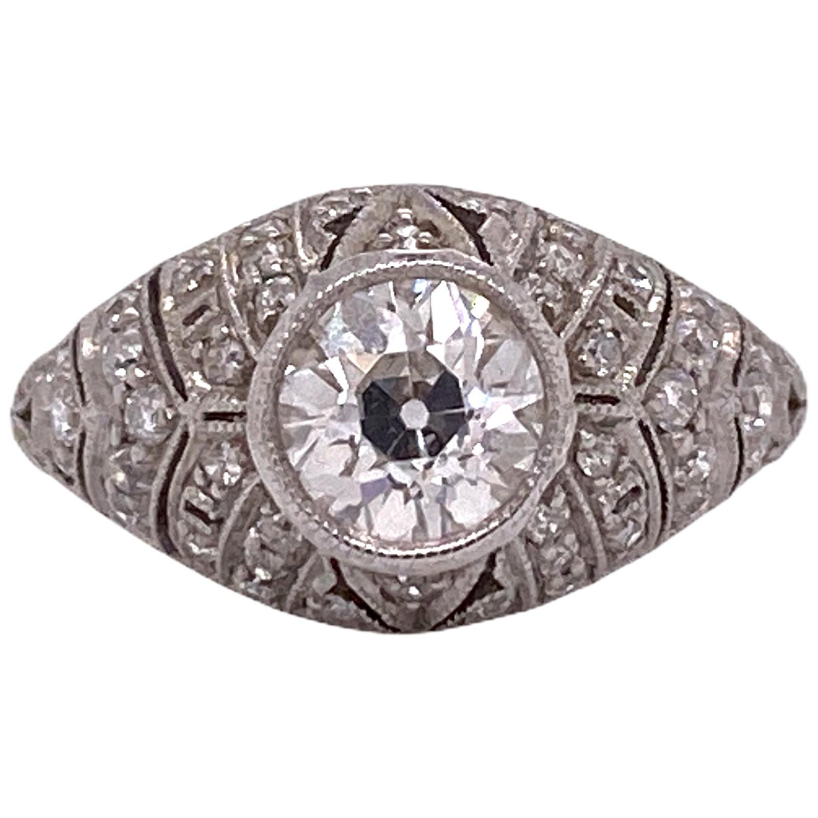 Art Deco Old European Cut Diamond Platinum Filigree Engagement Ring For Sale