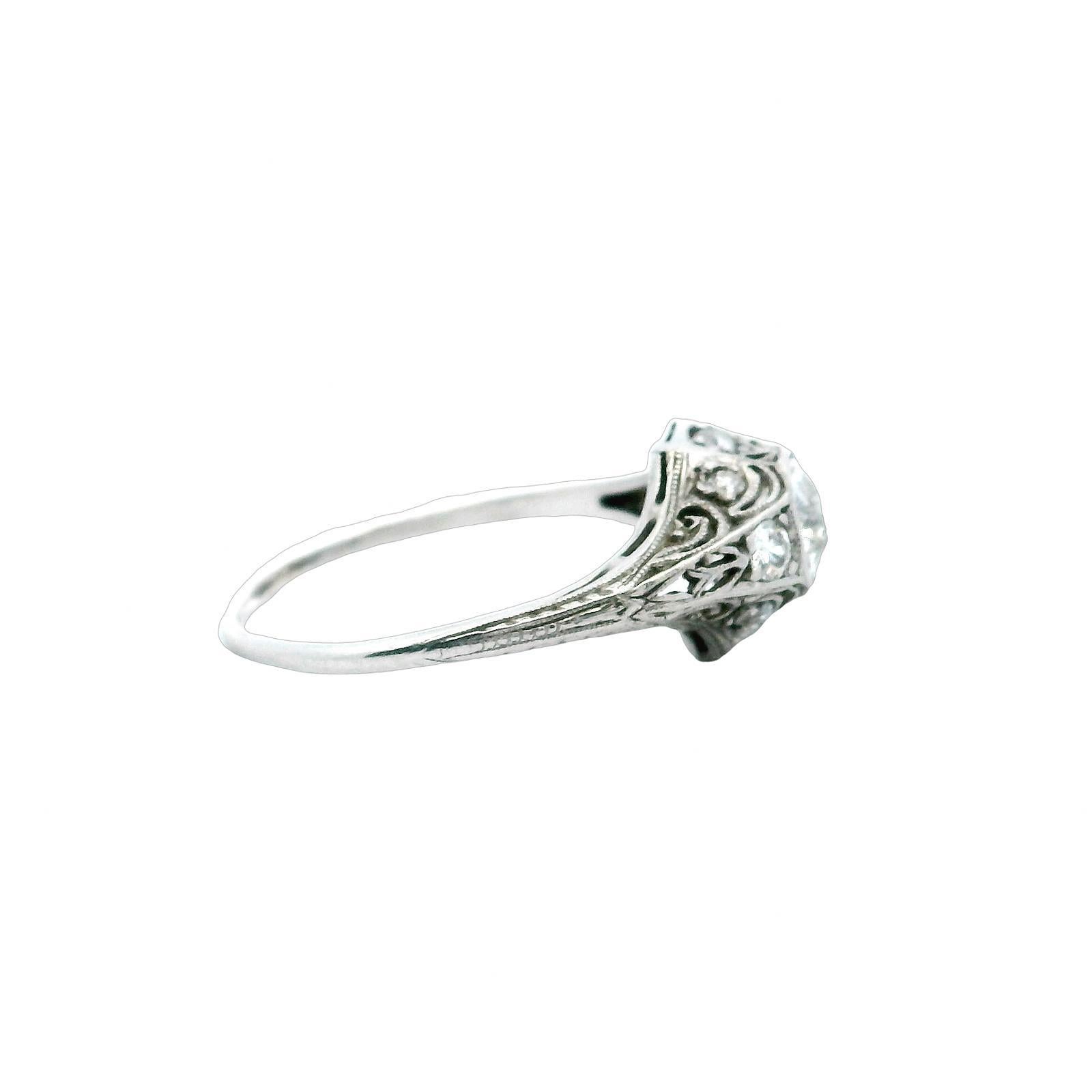 Old European Cut Art Deco Diamond Platinum Filigree Engagement Ring Vintage  For Sale