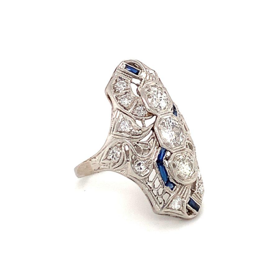 Old European Cut Art Deco Diamond Platinum Filigree Ring, circa 1920s For Sale