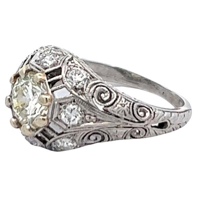 Women's or Men's Art Deco Diamond Platinum Filigree Ring
