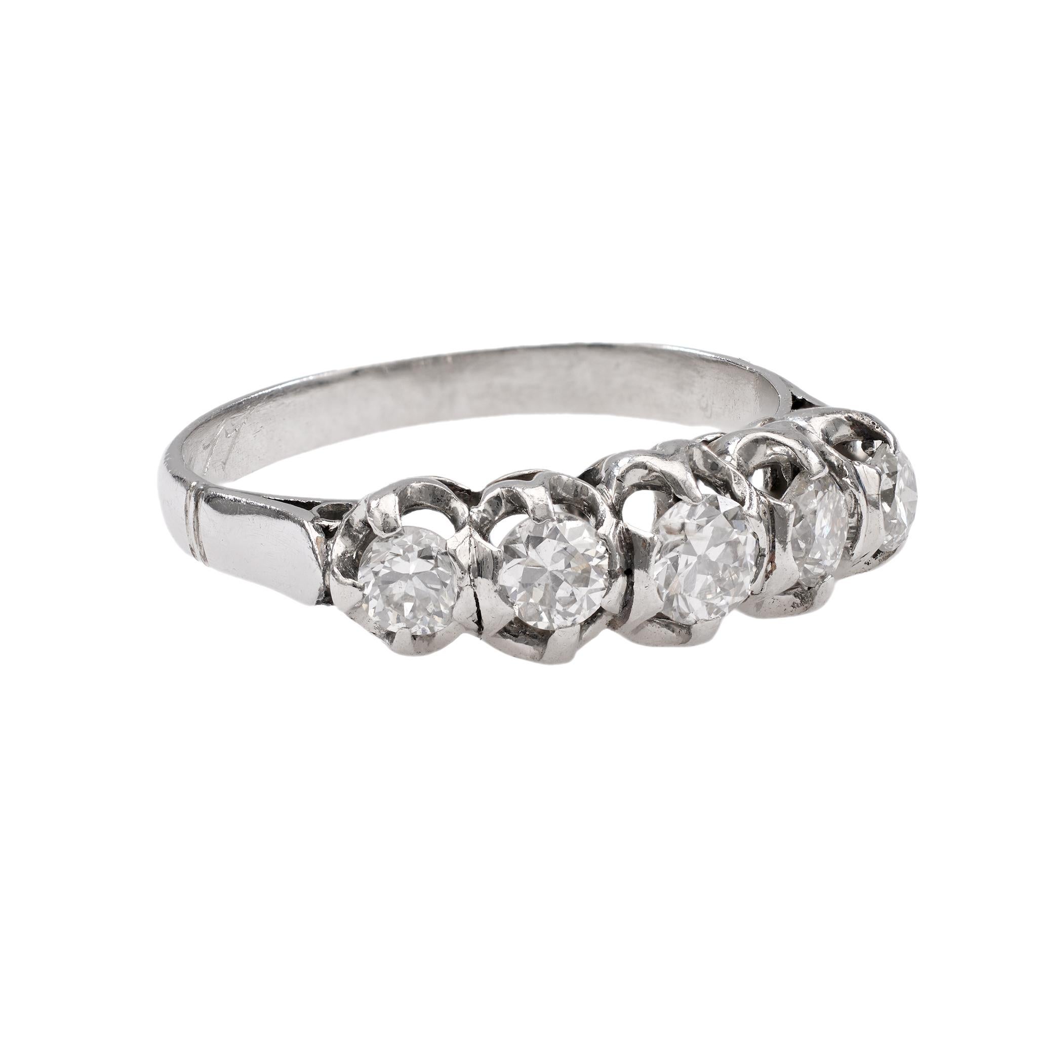 Women's or Men's Art Deco Diamond Platinum Five Stone Ring For Sale