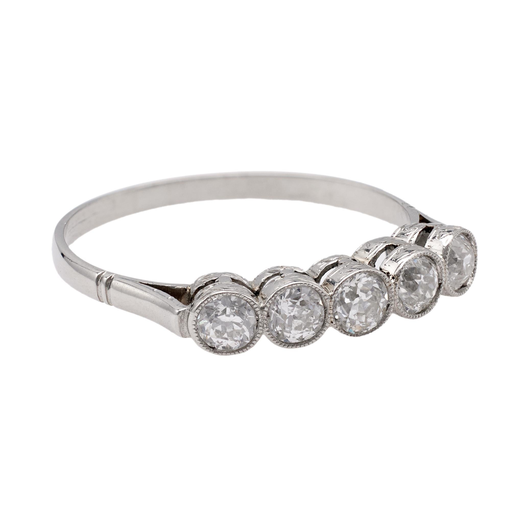 Women's or Men's Art Deco Diamond Platinum Five Stone Ring For Sale