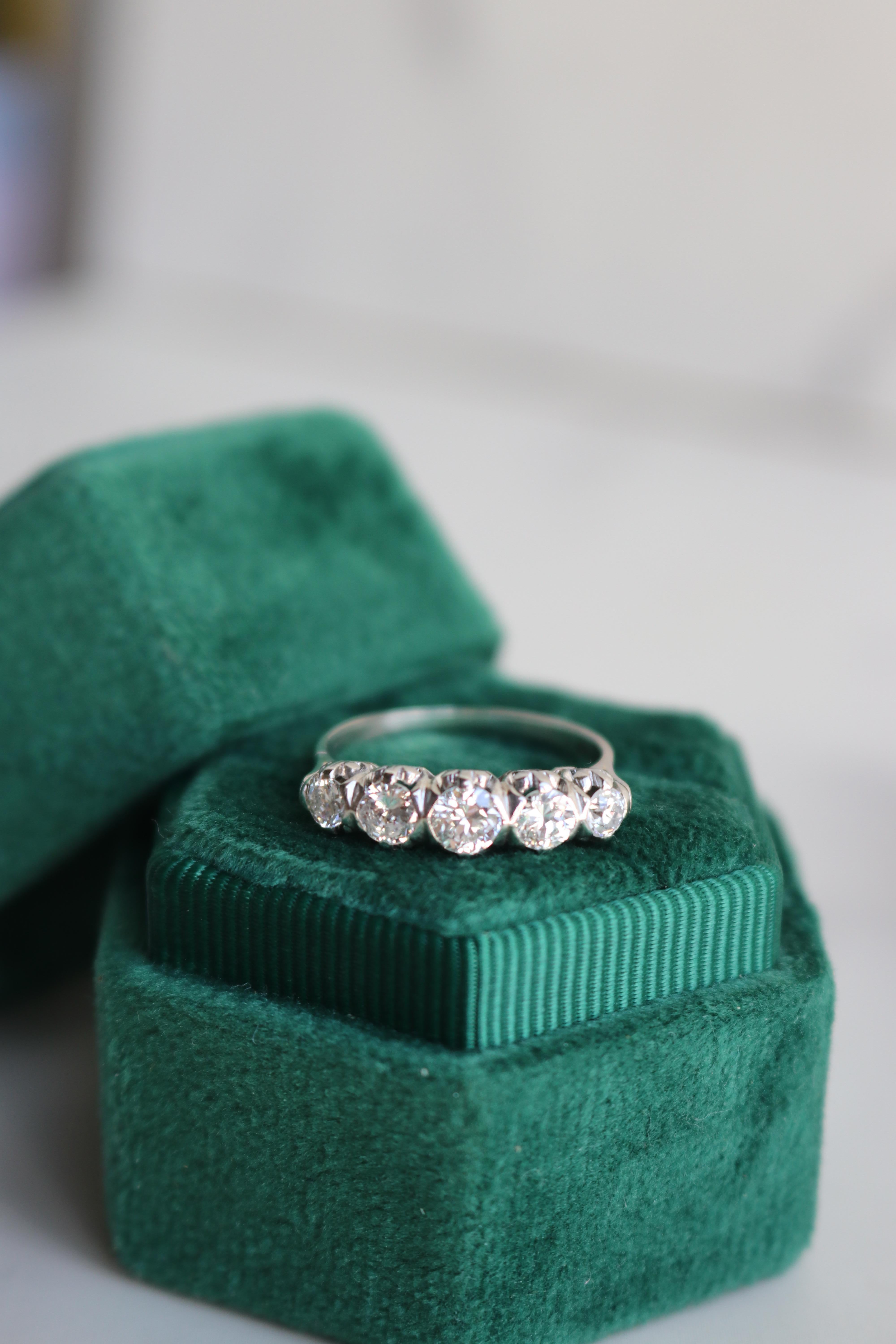 Art Deco Diamond Platinum Five Stone Ring For Sale 1