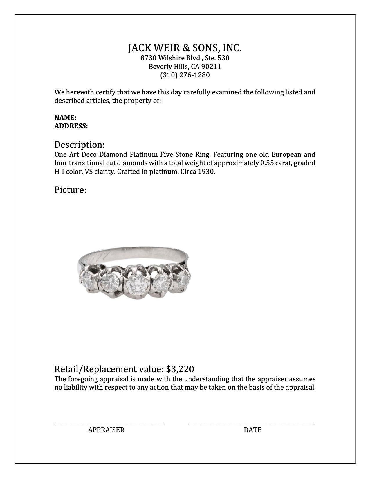 Art Deco Diamond Platinum Five Stone Ring For Sale 2