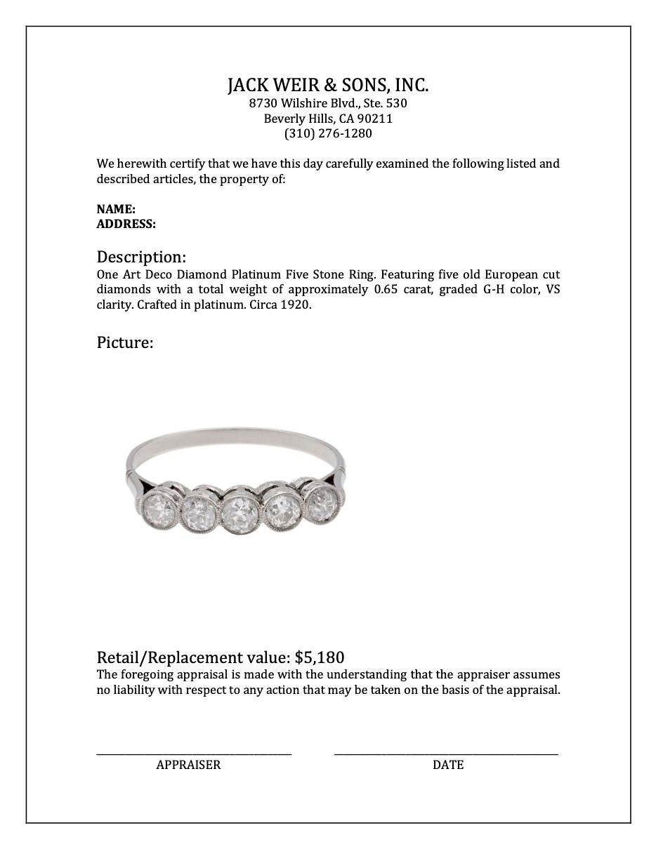 Art Deco Diamond Platinum Five Stone Ring For Sale 2