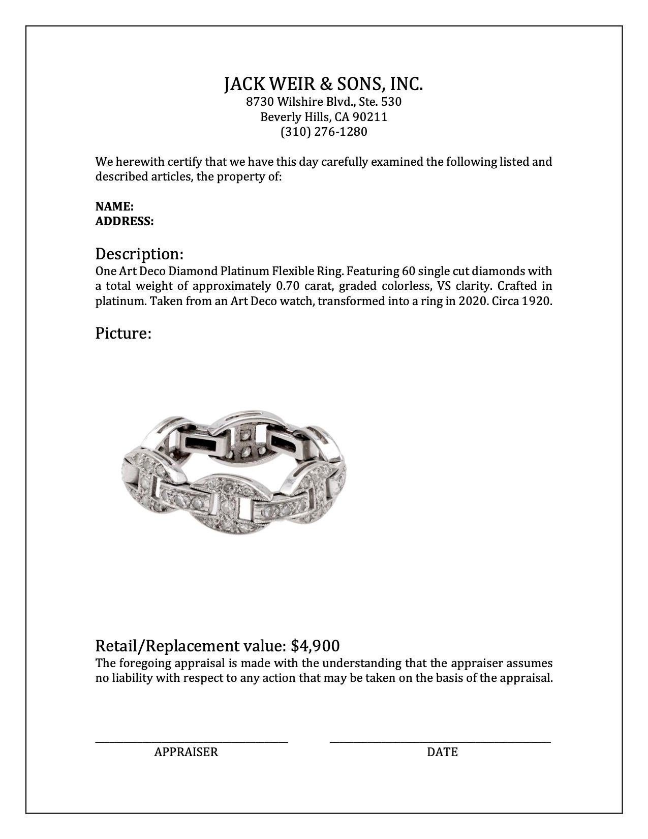 Art Deco Diamond Platinum Flexible Ring For Sale 1