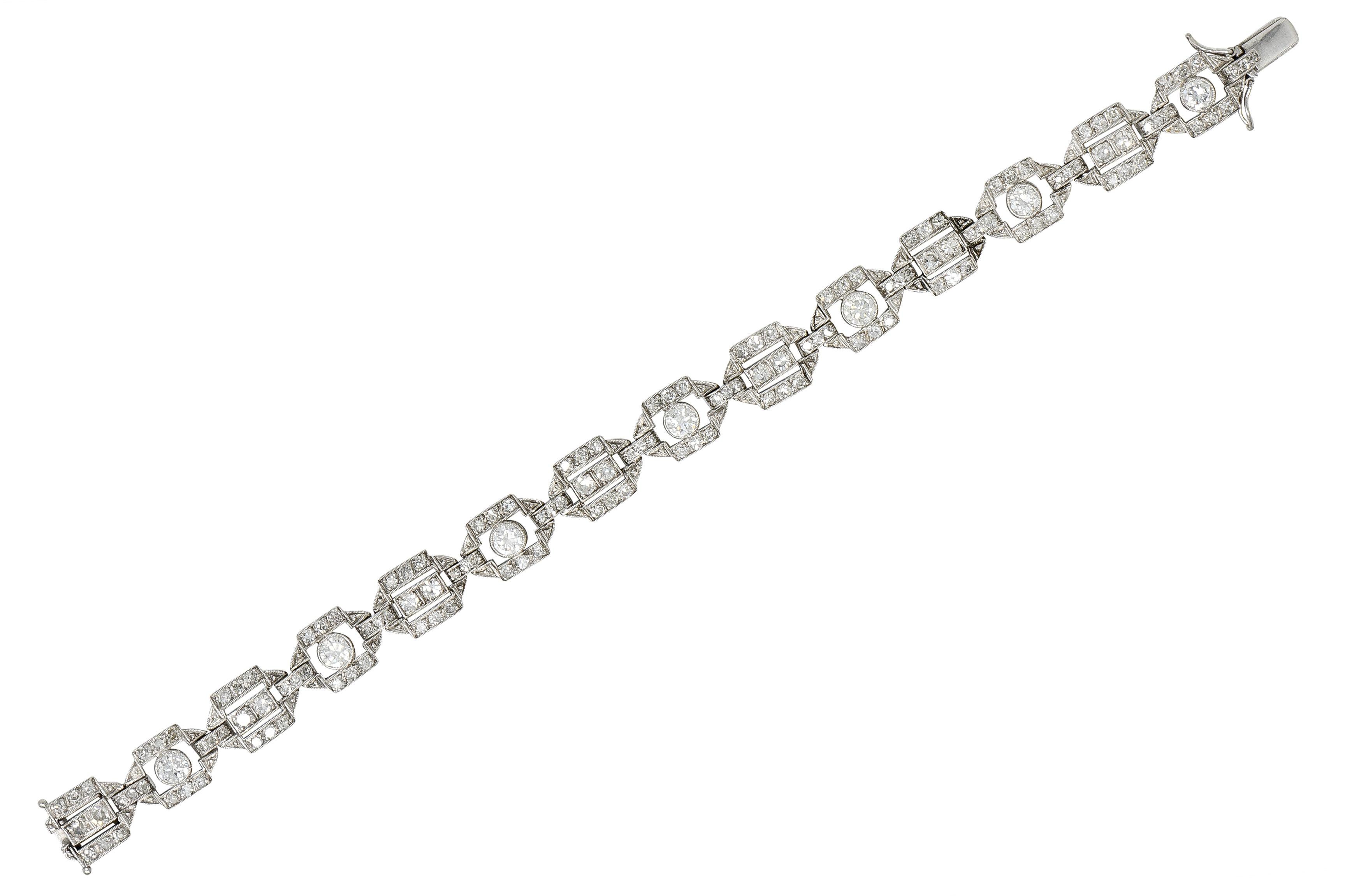 Comprised of bar and pierced geometric links with old European cut diamonds bezel set in alternating links
Weighing approximately 1.61 carats total G color with VS1 clarity
With additional single-cut diamonds bead set throughout  
Weighing