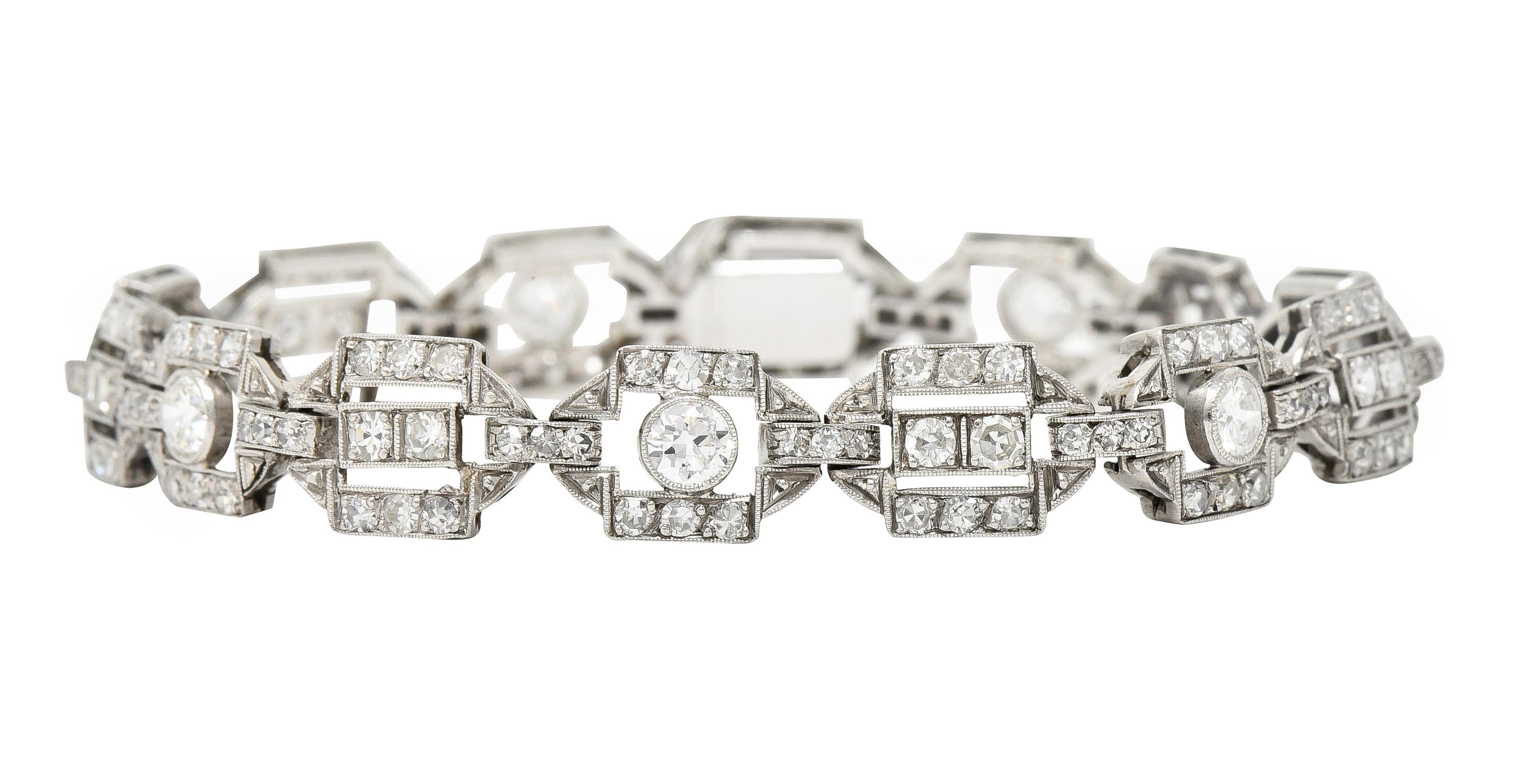Old European Cut Art Deco Diamond Platinum Geometric Line Bracelet
