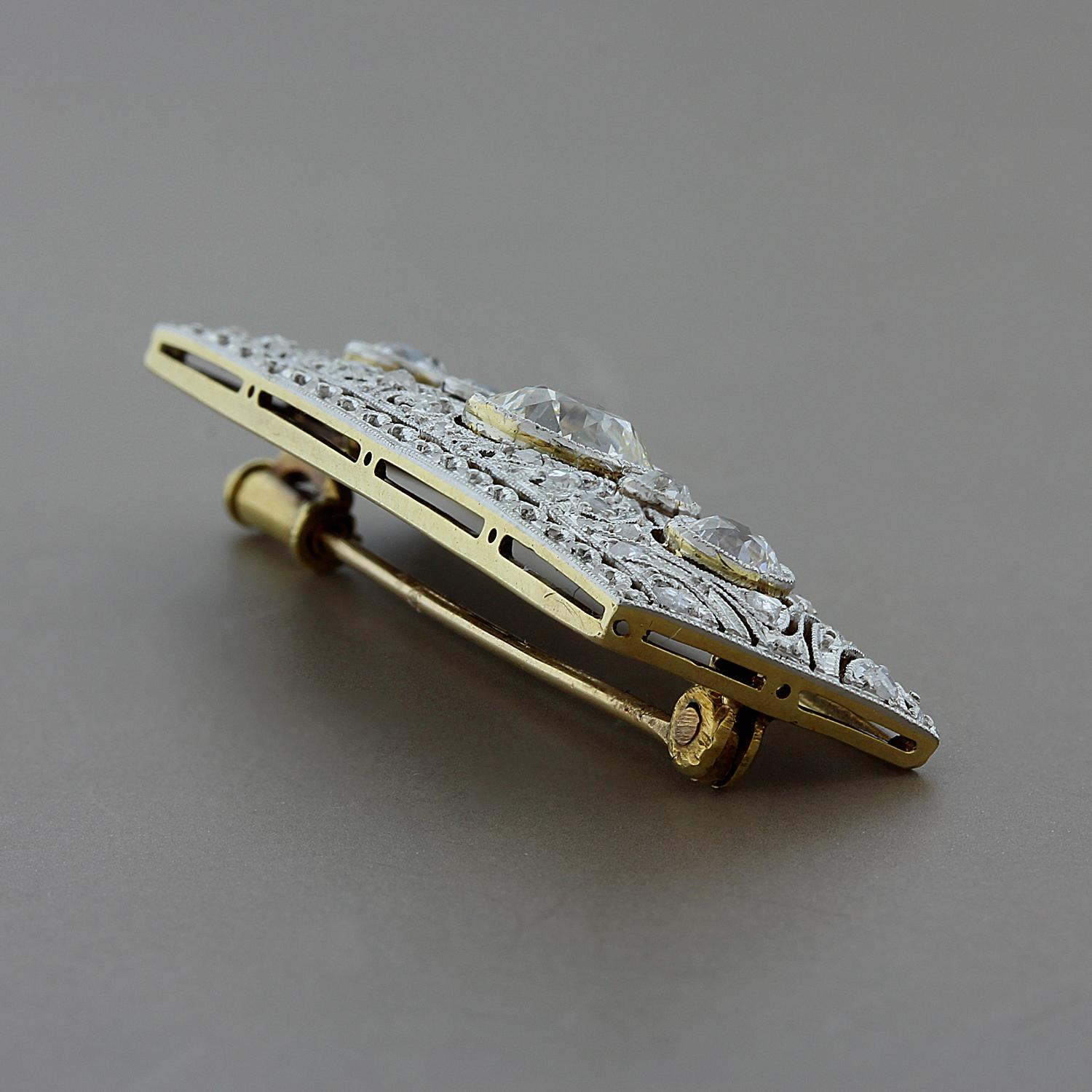 Edwardian Art Deco Diamond Platinum Gold Brooch For Sale