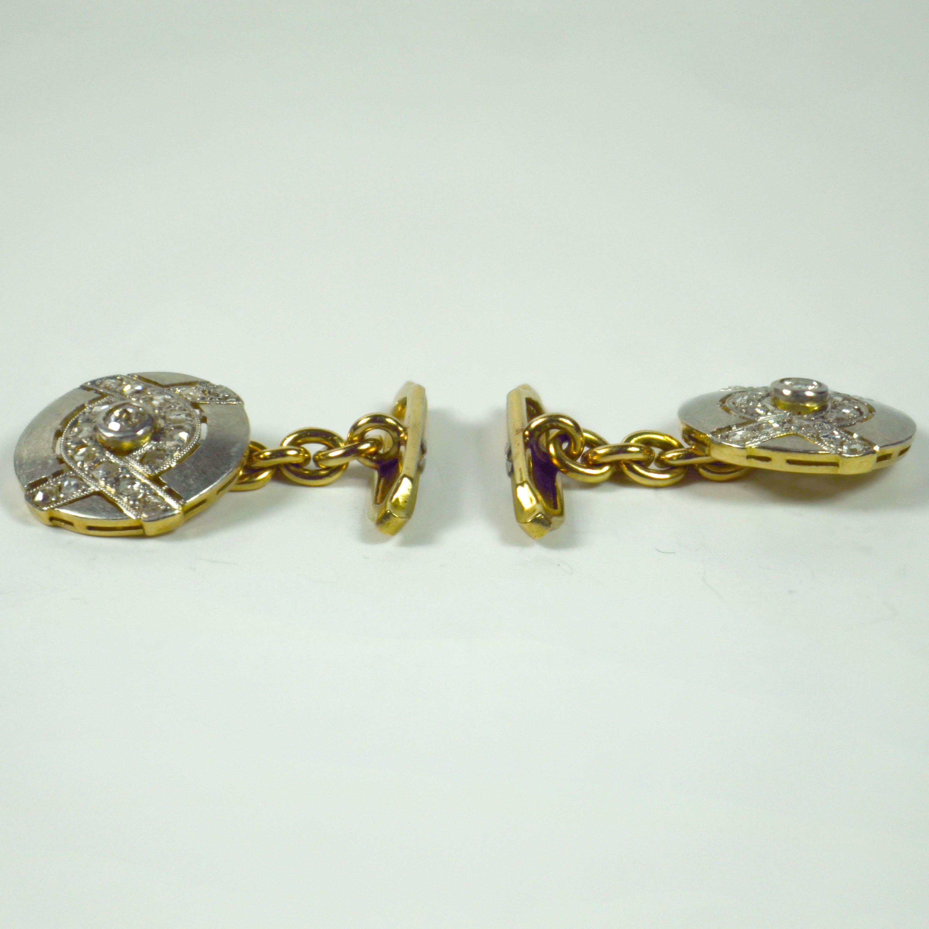 Round Cut Art Deco Diamond Platinum Gold Cufflinks For Sale
