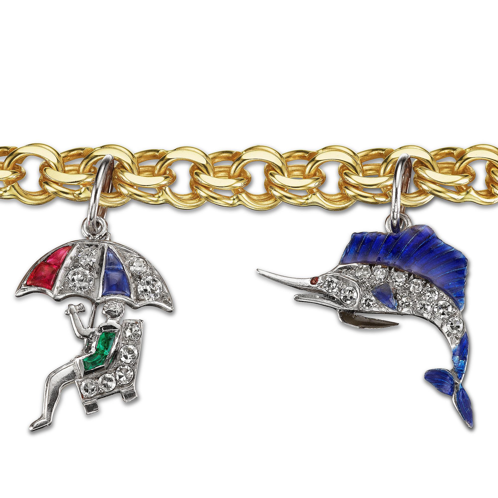 Round Cut Art Deco Diamond Ruby Emerald Sapphire Platinum Gold Enamel Charm Bracelet