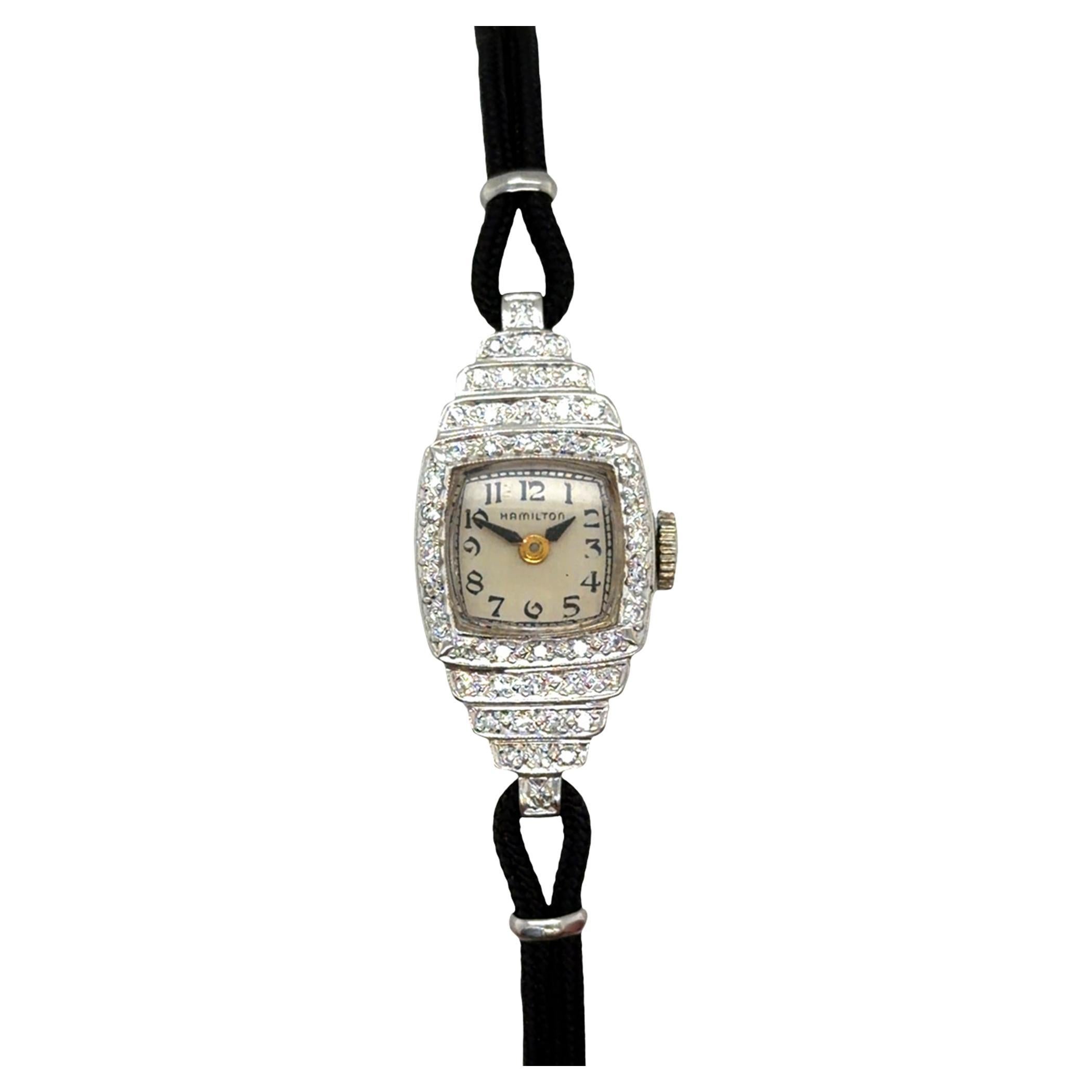 Art Deco Diamond Platinum Hamilton Ladies Wrist Watch Mined .50ct Original 1930
 For Sale
