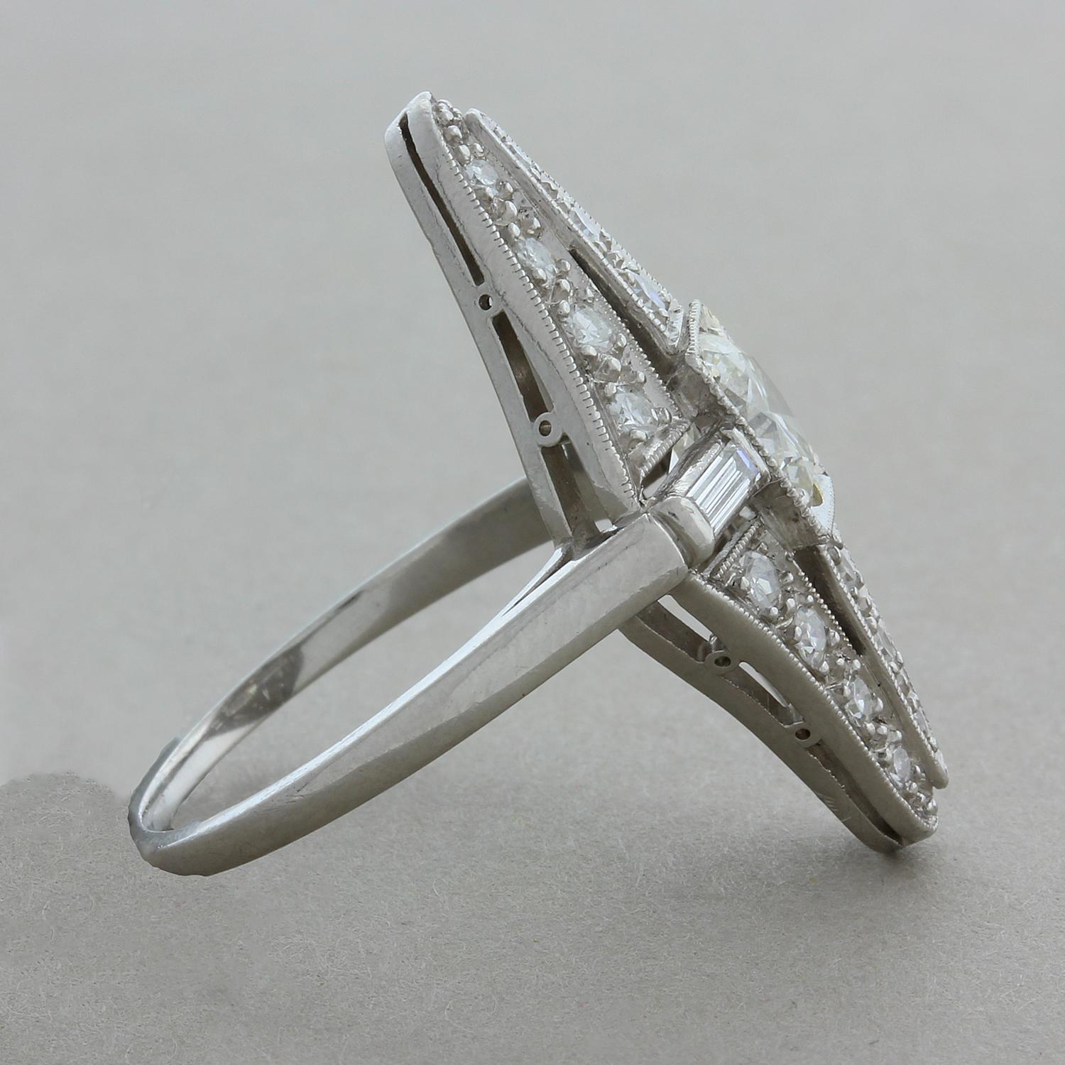 Taille ronde Bague de fiançailles navette en platine et diamants de style Art déco en vente