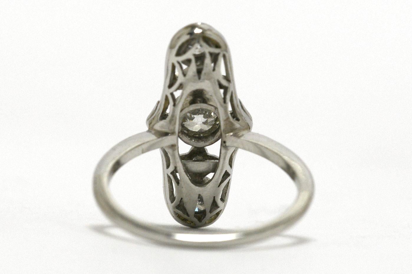 Edwardian Art Deco Diamond Platinum Navette Long Wedding Engagement Ring Bridal Jewelry