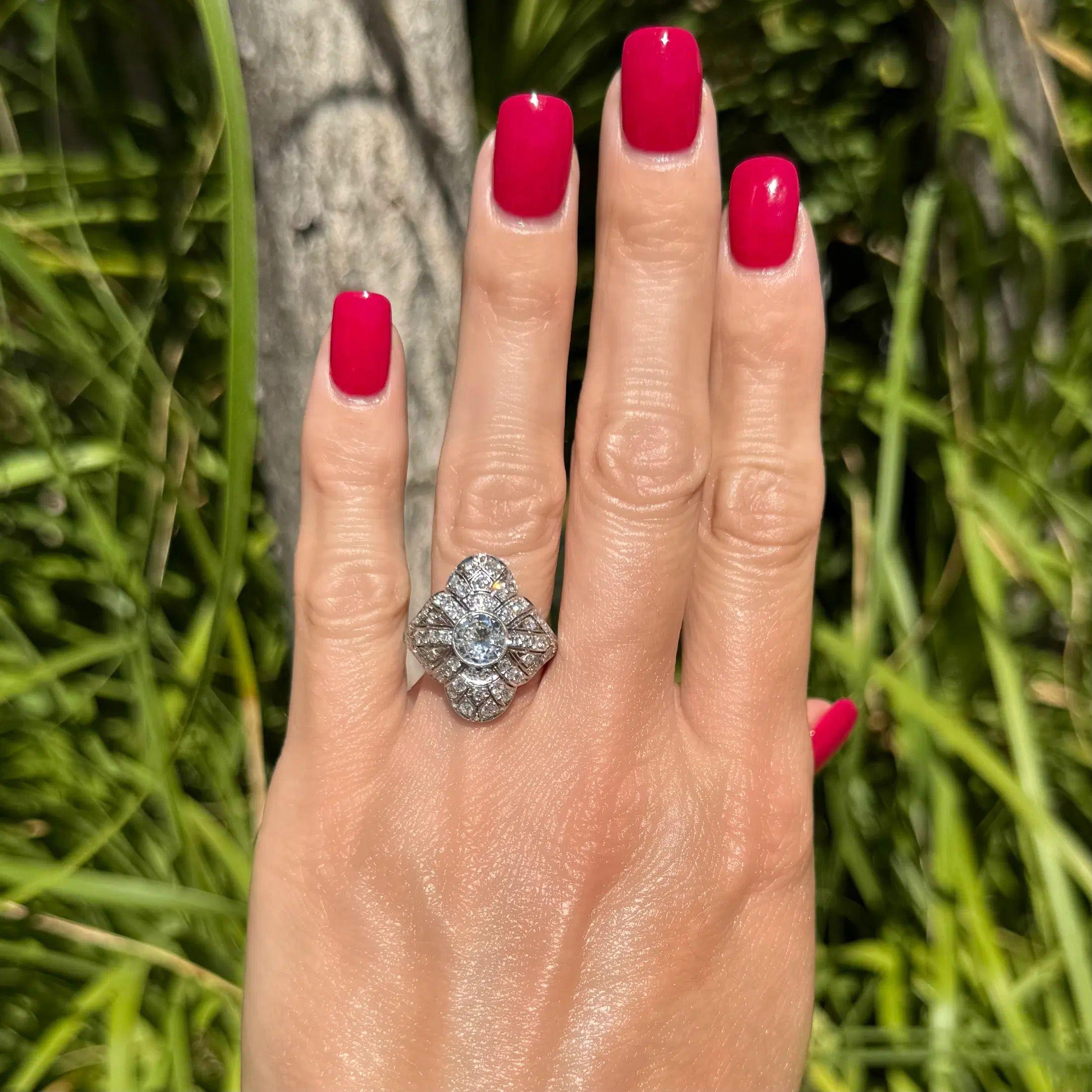 Mixed Cut Art Deco Diamond Platinum Navette Milgrain Vintage Cocktail Ring For Sale