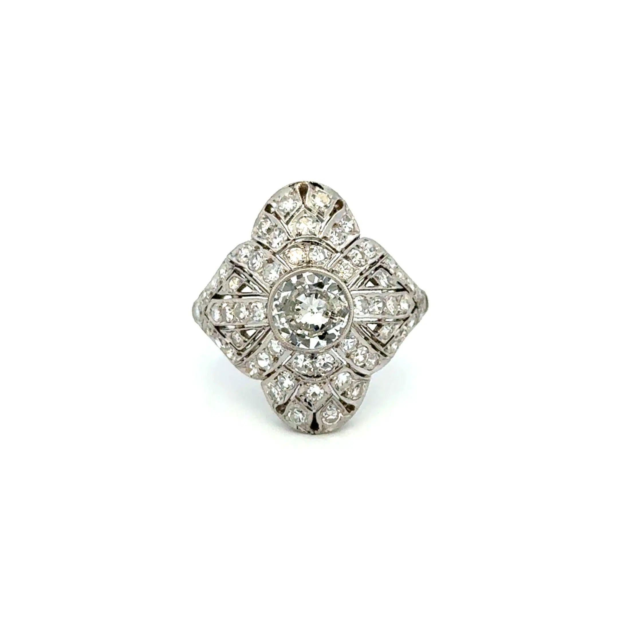 Art Deco Diamond Platinum Navette Milgrain Vintage Cocktail Ring In Excellent Condition For Sale In Montreal, QC