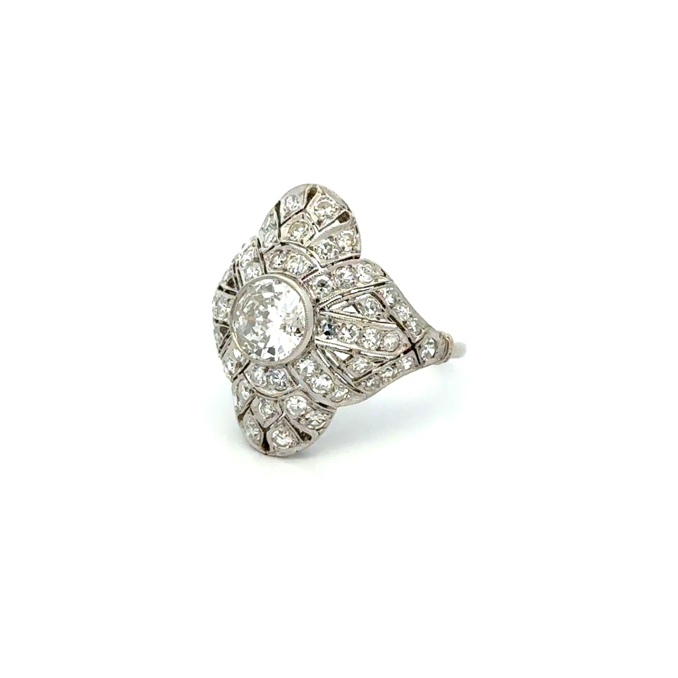Art Deco Diamond Platinum Navette Milgrain Vintage Cocktail Ring For Sale 2