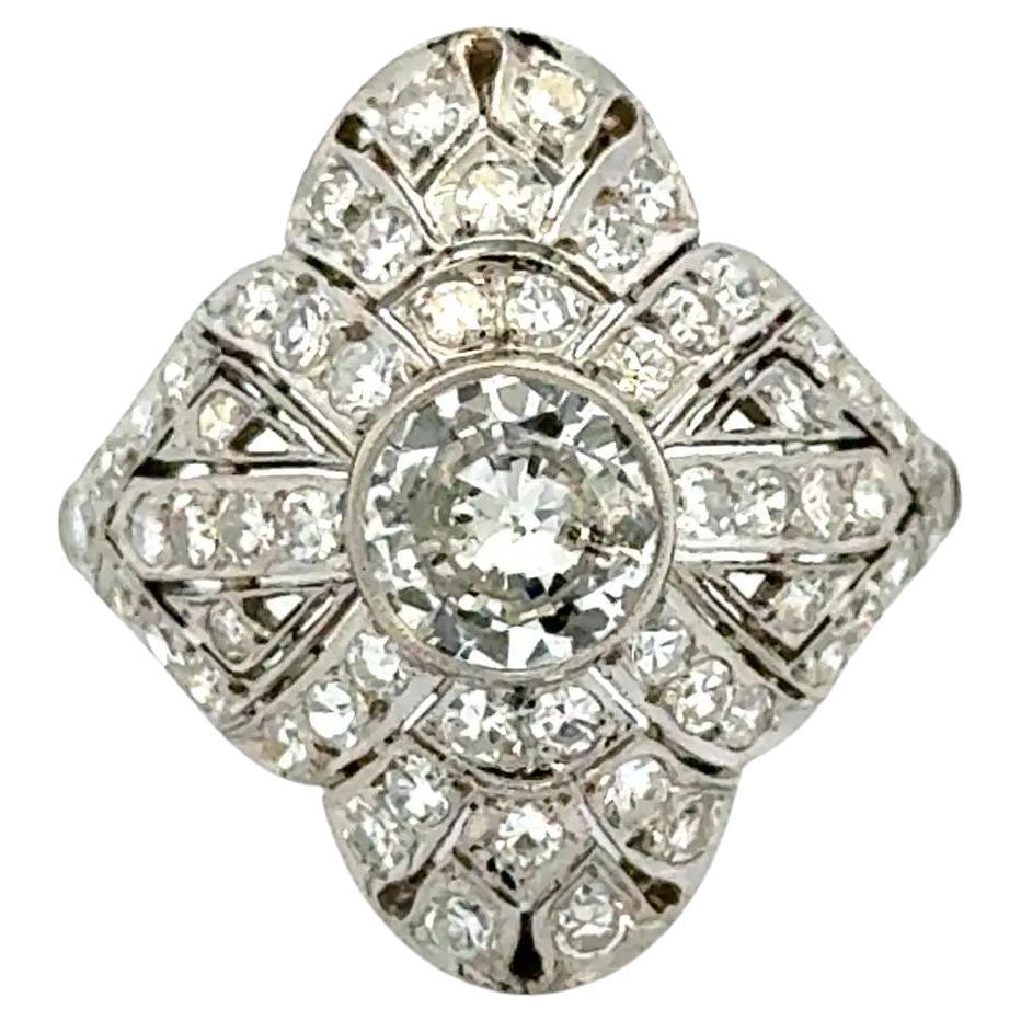 Art Deco Diamond Platinum Navette Milgrain Vintage Cocktail Ring