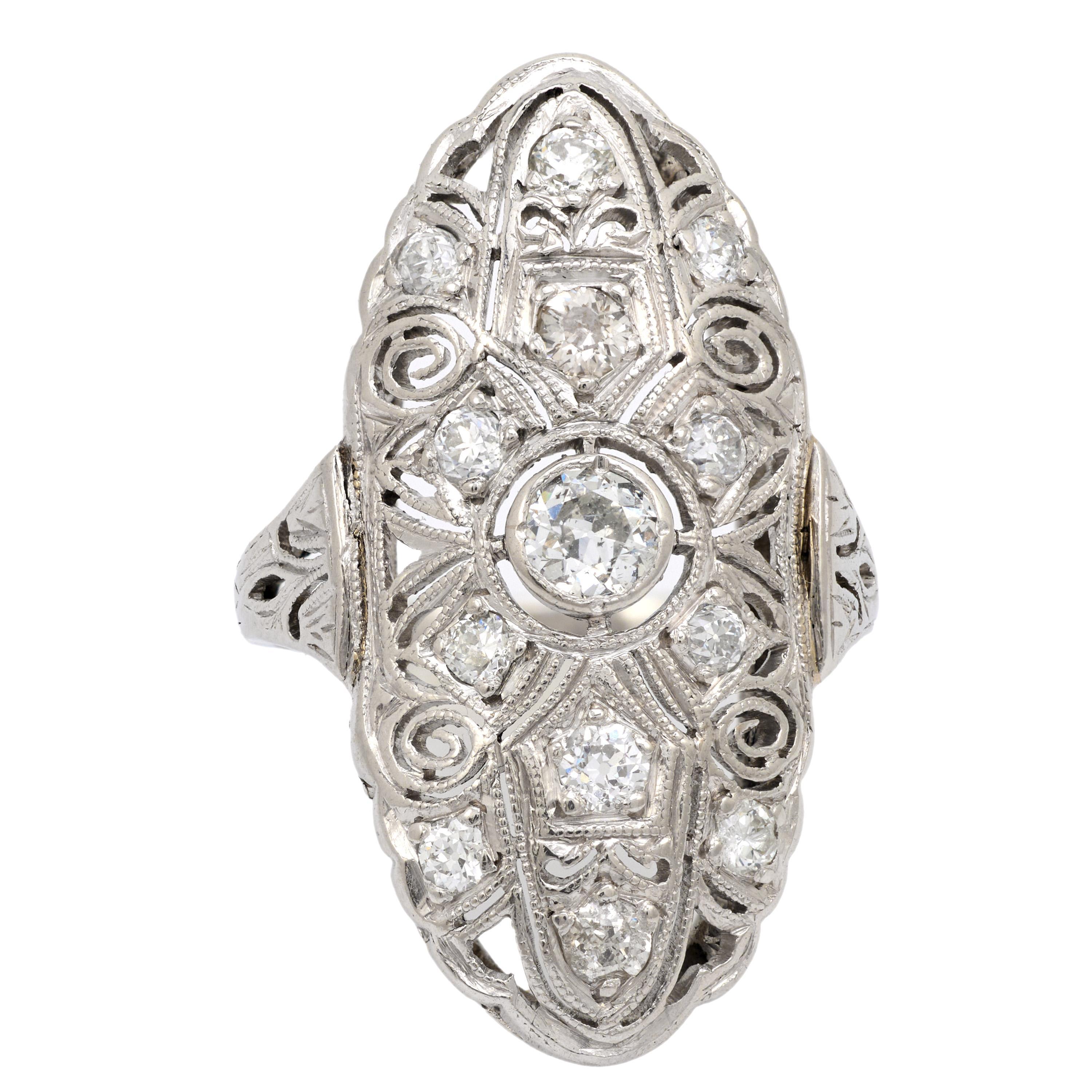 Old European Cut Art Deco diamond platinum navette ring For Sale