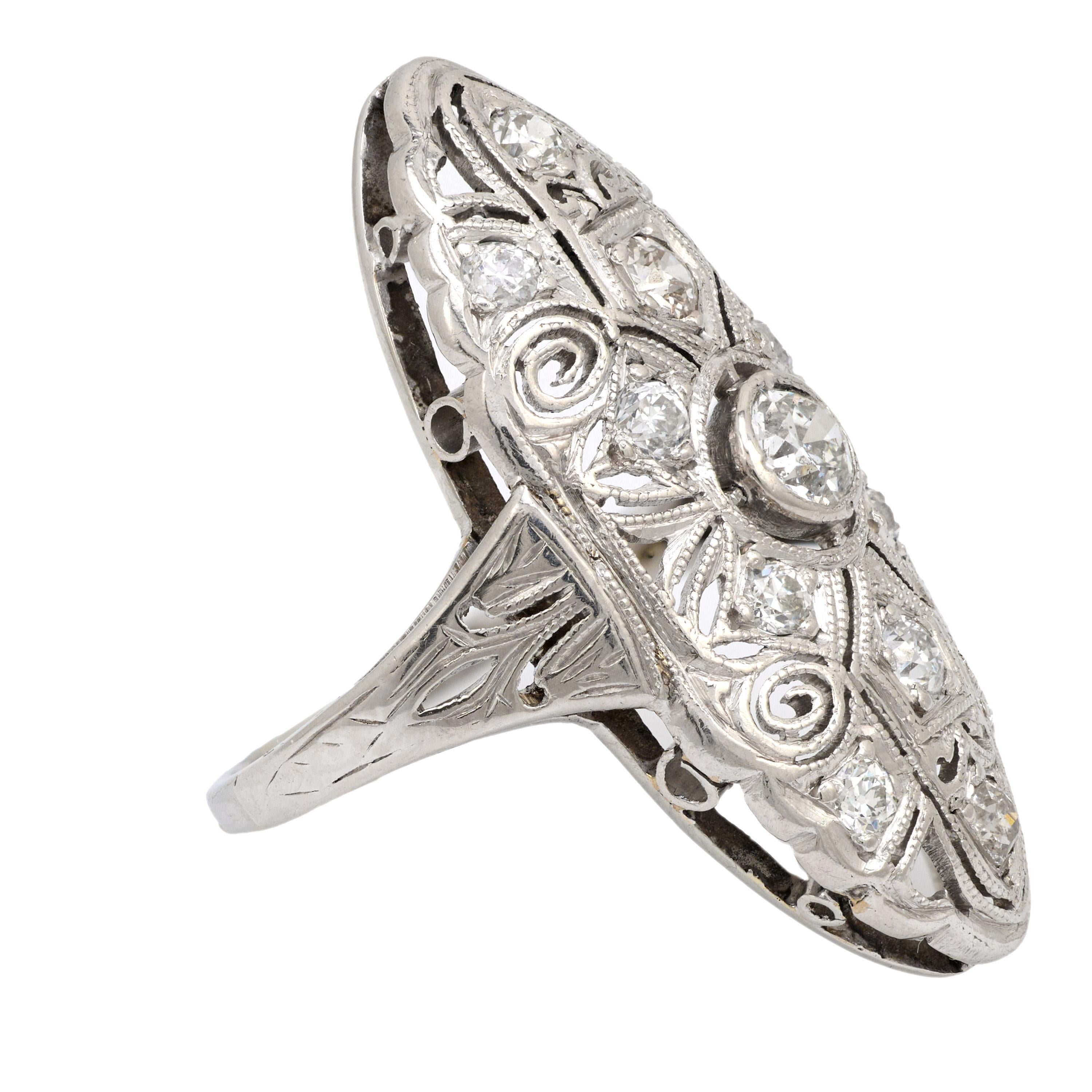 Women's Art Deco diamond platinum navette ring For Sale