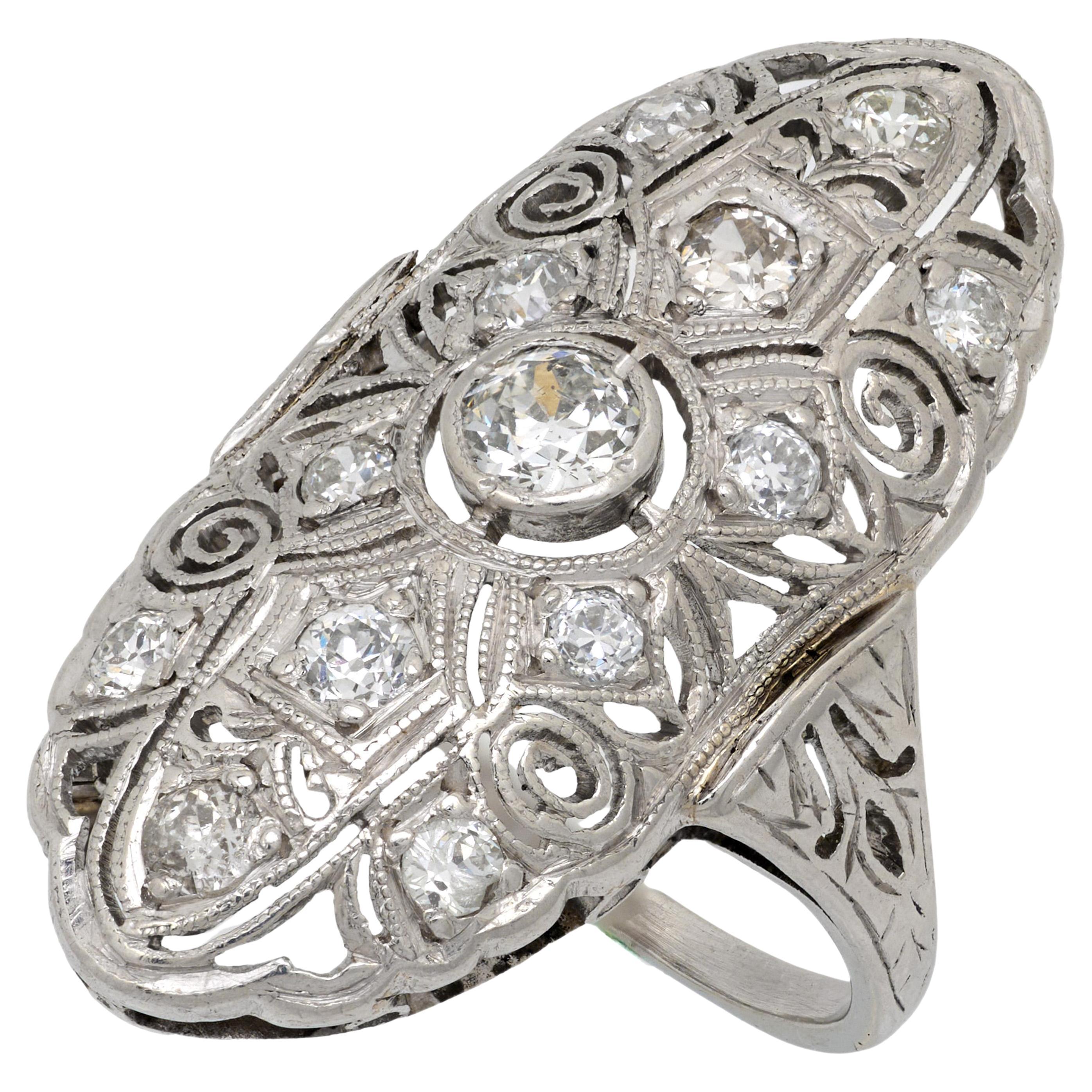 Art Deco diamond platinum navette ring