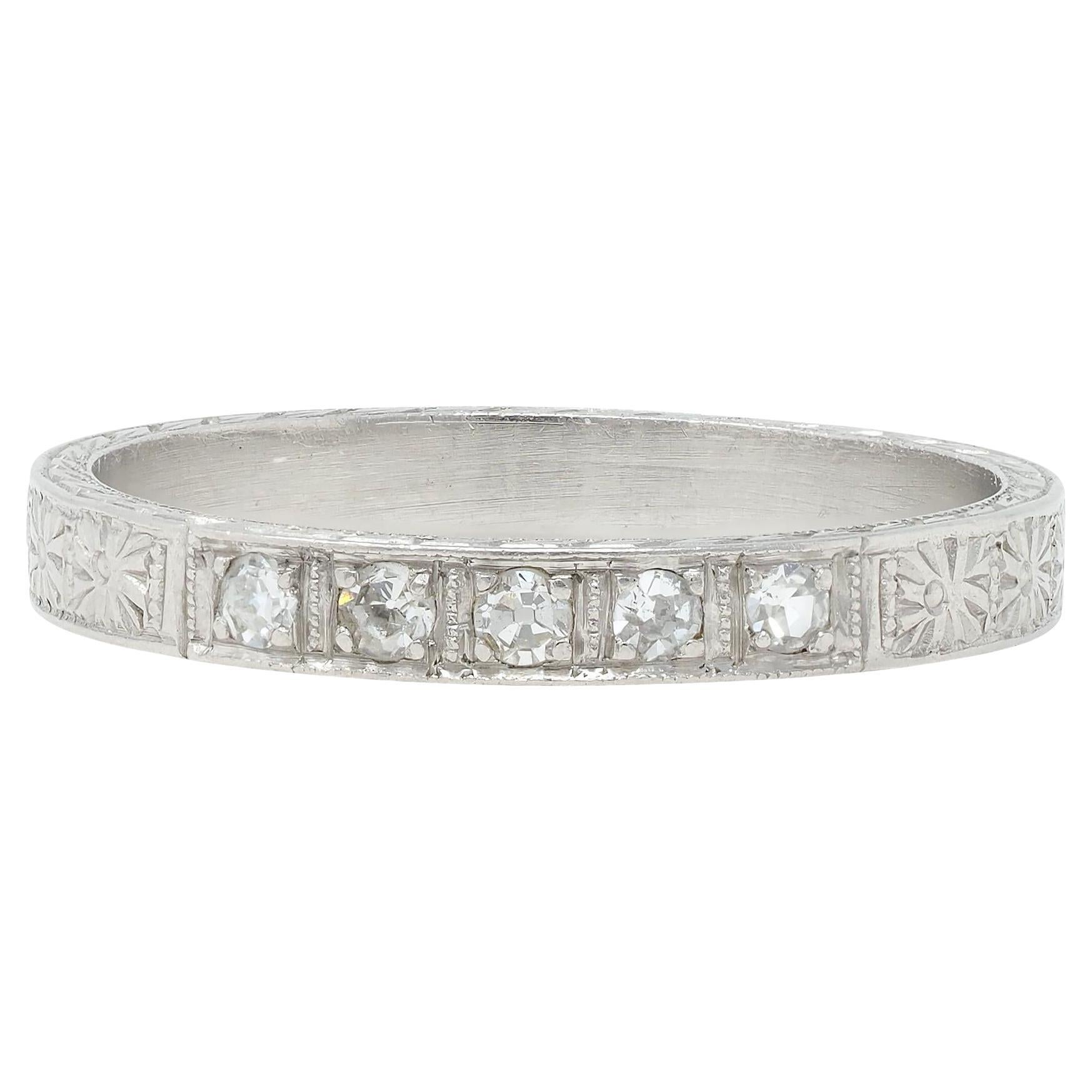Art Deco Diamond Platinum Orange Blossom Vintage Wedding Band Ring For Sale