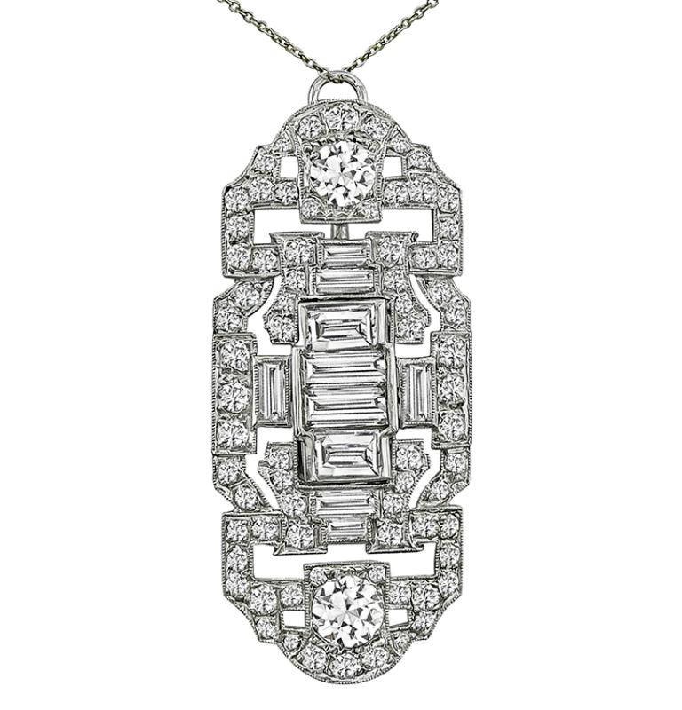 Baguette Cut Art Deco Diamond Platinum Pin/Pendant For Sale