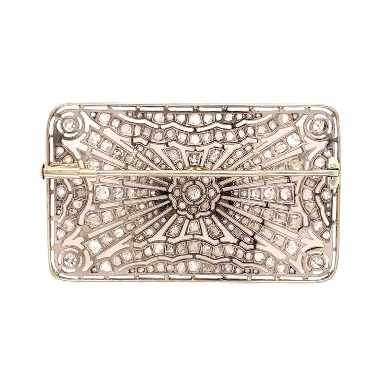 Mixed Cut Diamond Platinum Rectangular Art Deco Brooch Pin Estate Fine Jewelry For Sale