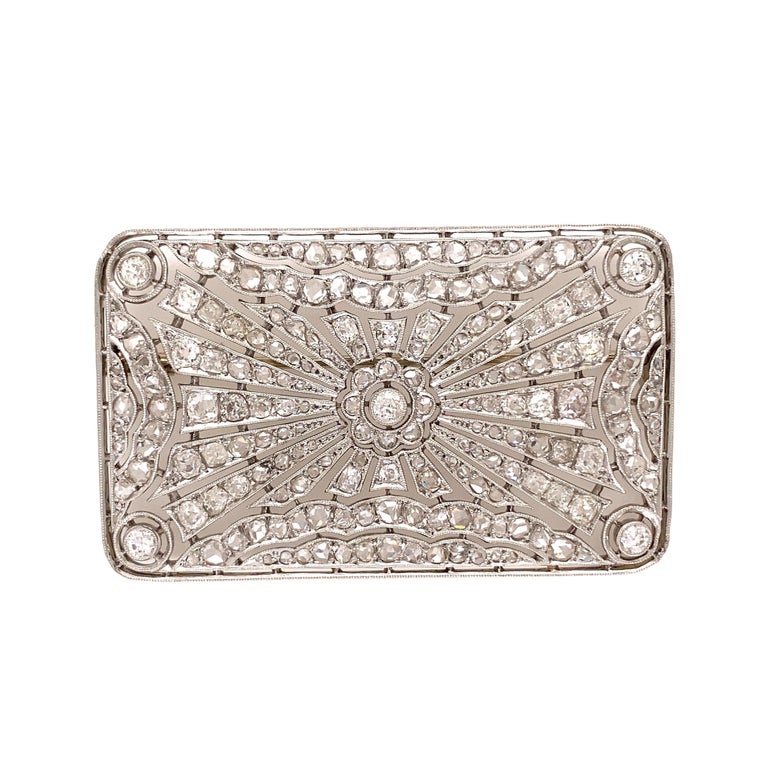 Women's Diamond Platinum Rectangular Art Deco Brooch Pin Estate Fine Jewelry For Sale