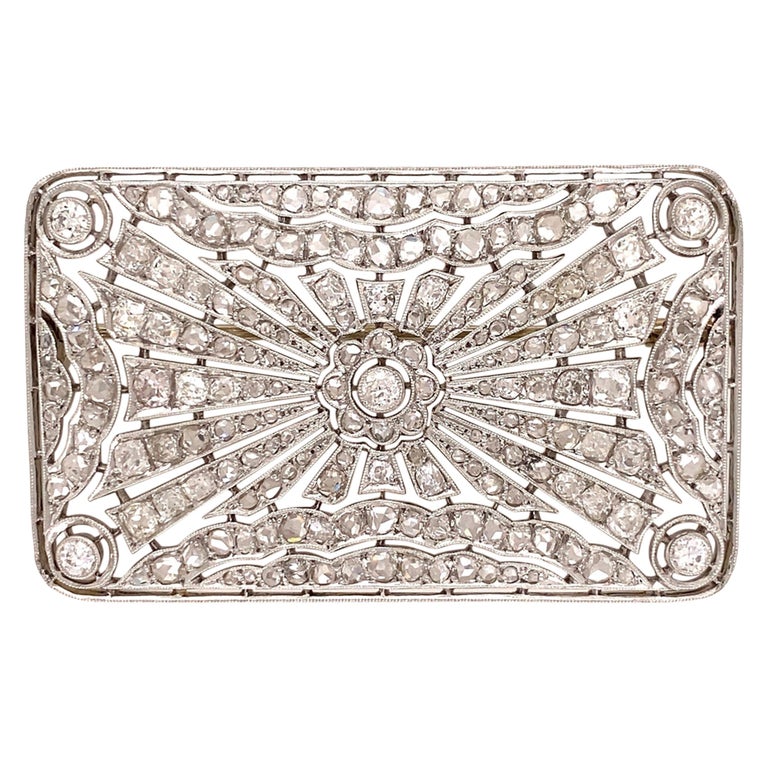 Diamond Platinum Rectangular Art Deco Brooch Pin Estate Fine Jewelry For Sale
