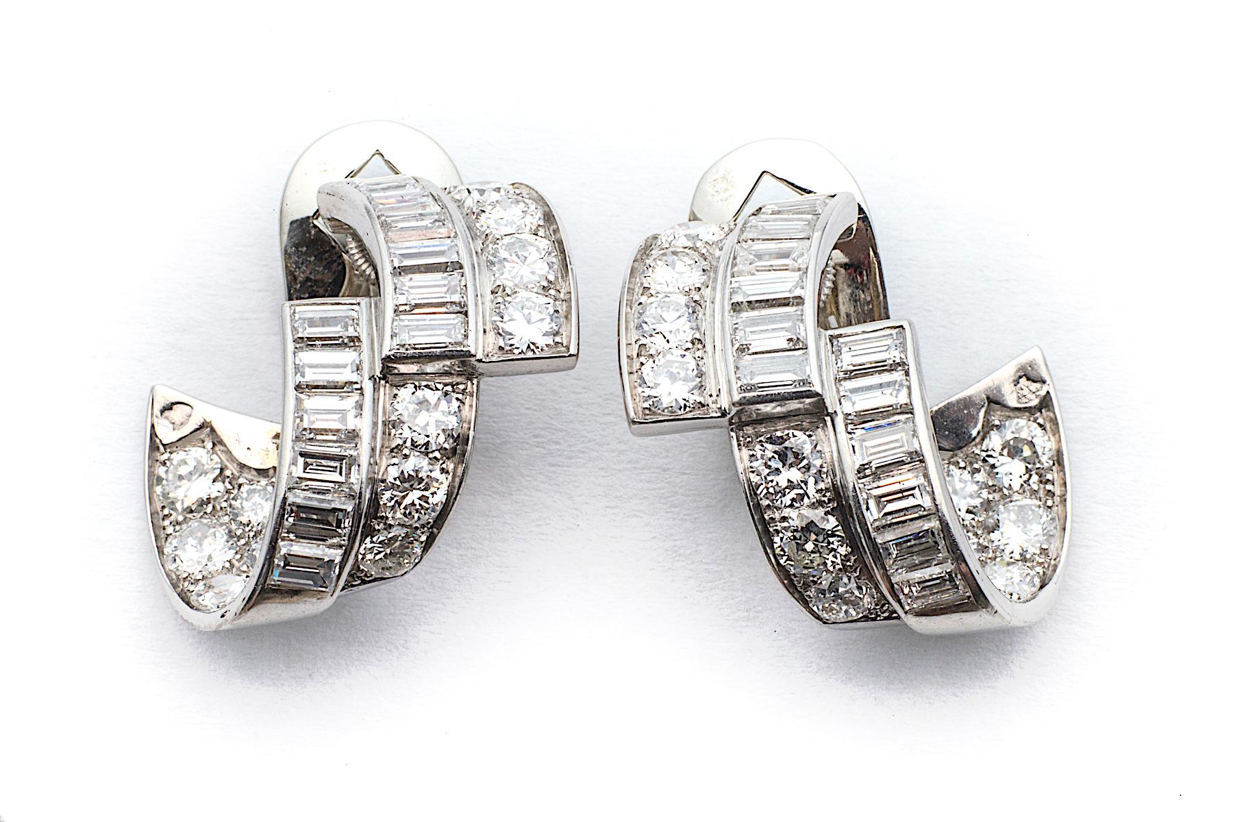 Emerald Cut Art Deco Diamond Platinum Ribbon Earrings