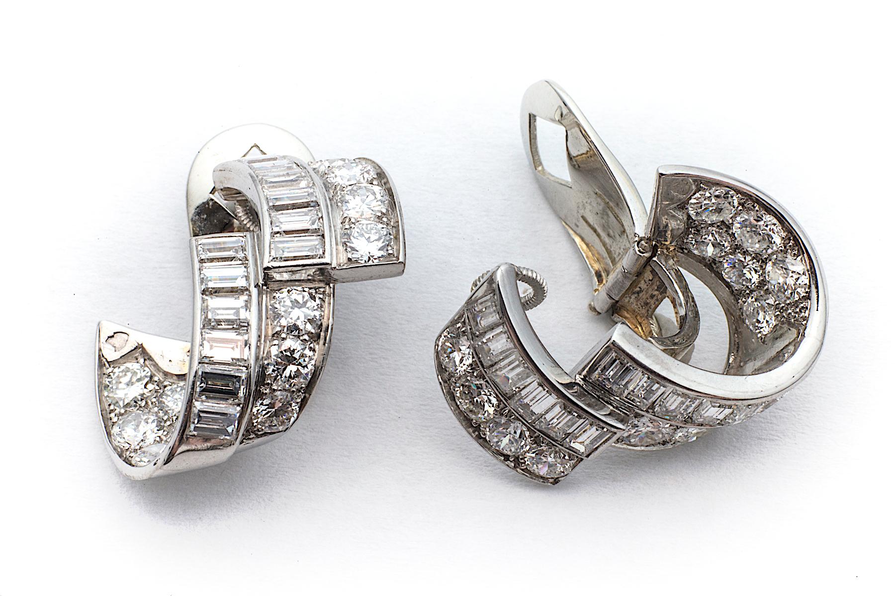 Women's Art Deco Diamond Platinum Ribbon Earrings